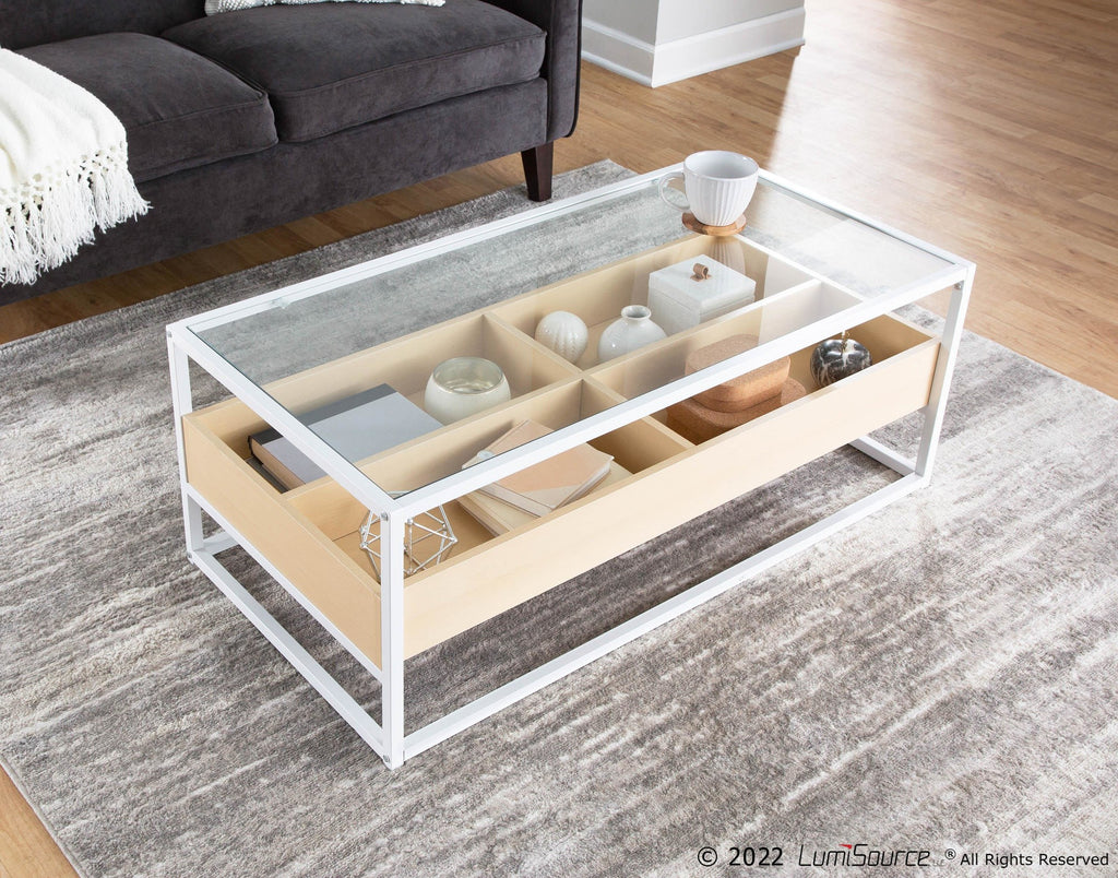 Display Coffee Table - White Steel, Natural Wood, Clear Glass