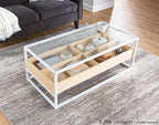 Display Coffee Table - White Steel, Natural Wood, Clear Glass