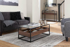 Display Console Table - Black Steel, Walnut Wood, Clear Glass