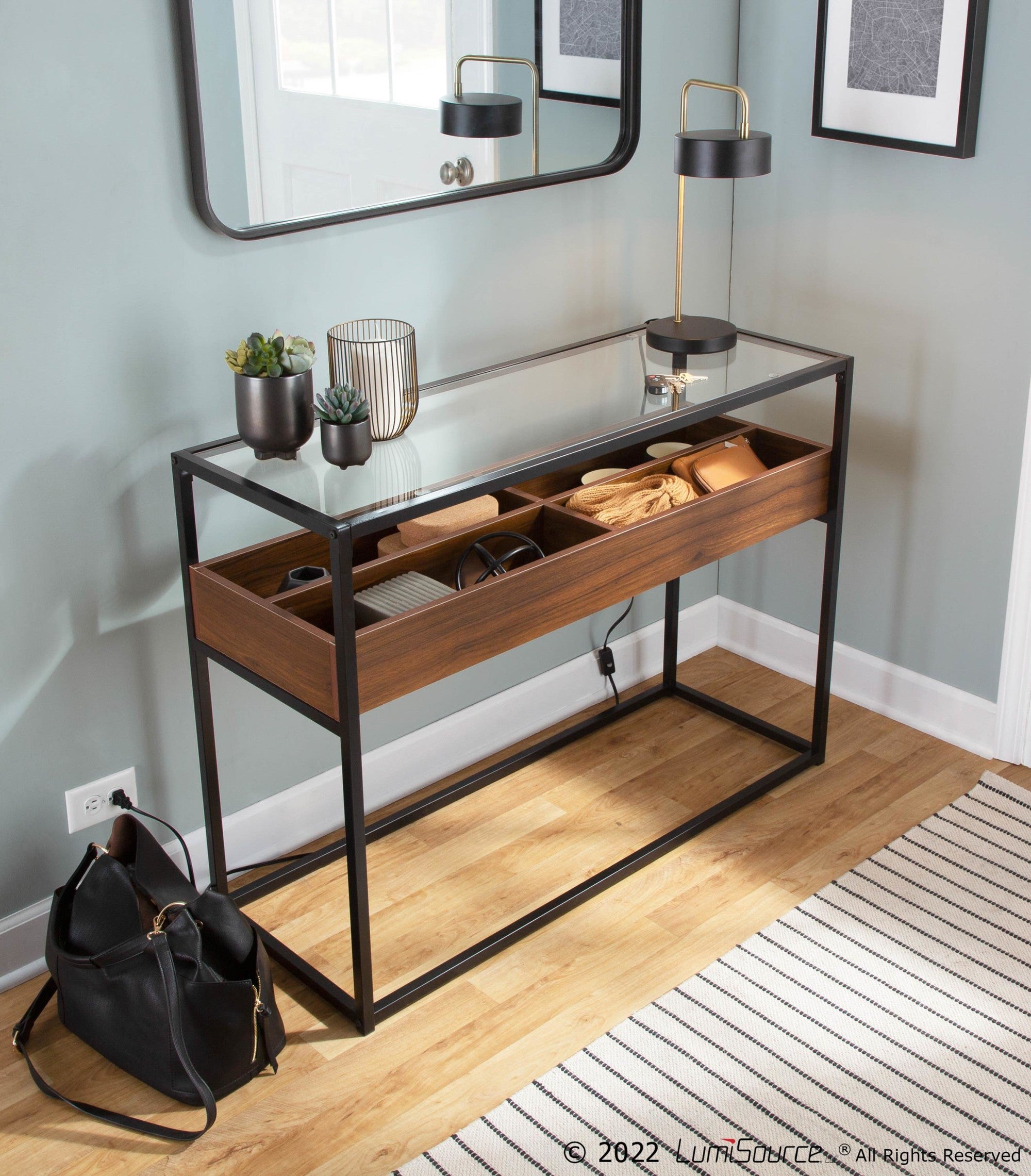 Display Console Table - Black Steel, Walnut Wood, Clear Glass