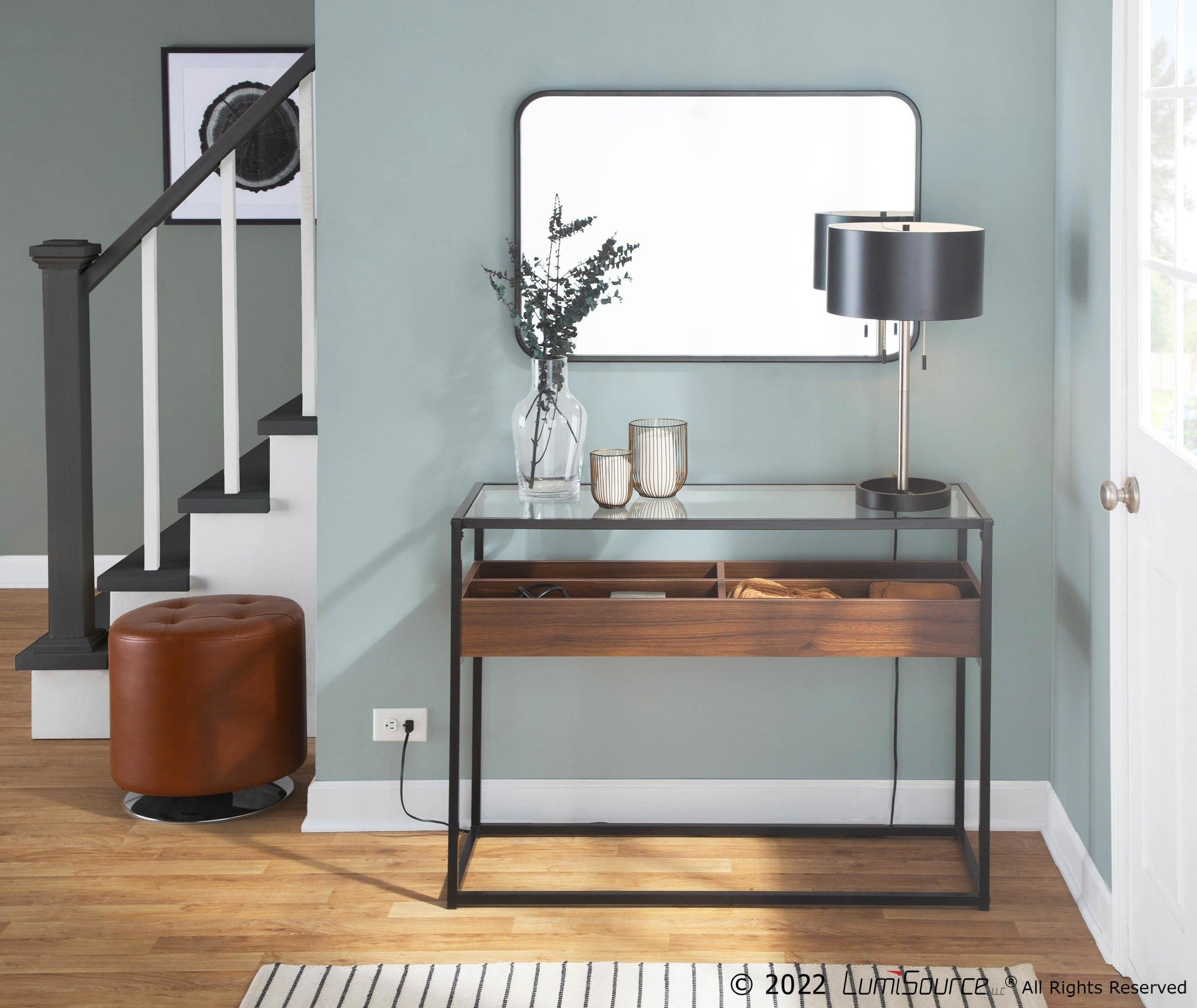 Display Console Table - Black Steel, Walnut Wood, Clear Glass