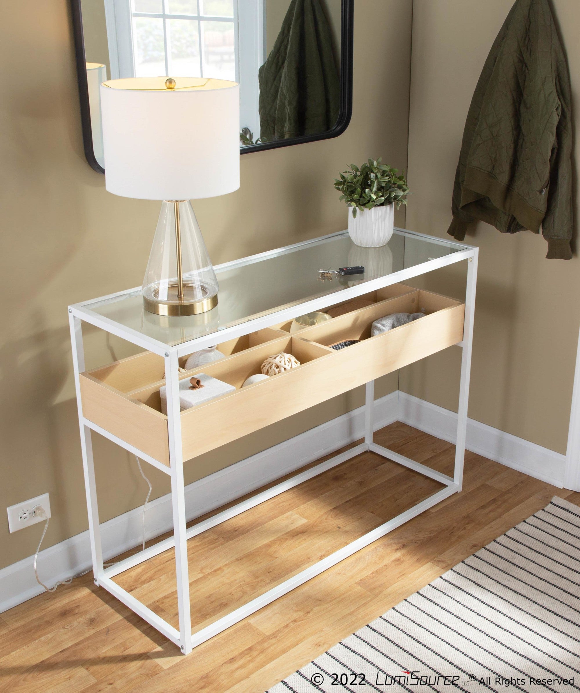 Display Console Table - White Steel, Natural Wood, Clear Glass