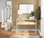 Display Console Table - White Steel, Natural Wood, Clear Glass