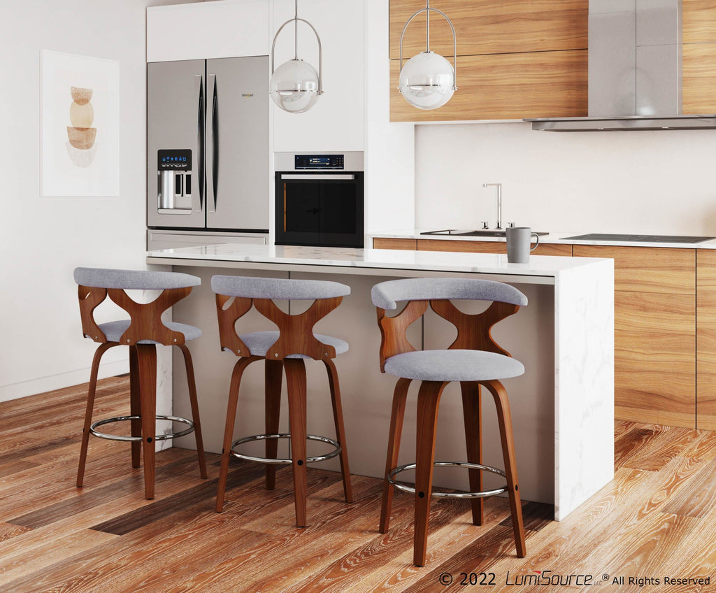 Gardenia 26" Fixed-Height Counter Stool - Set of 2 - Walnut Wood, Light Grey Fabric, Chrome