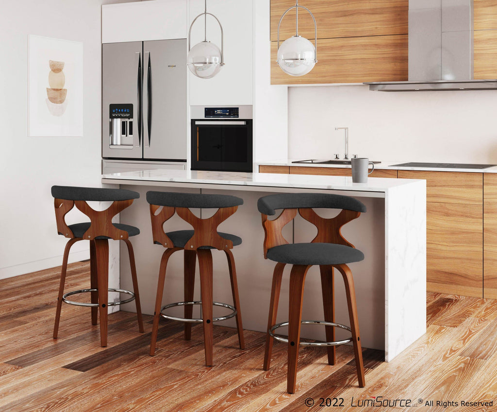 Gardenia 26" Fixed-Height Counter Stool - Set of 2 - Walnut Wood, Charcoal Fabric, Chrome