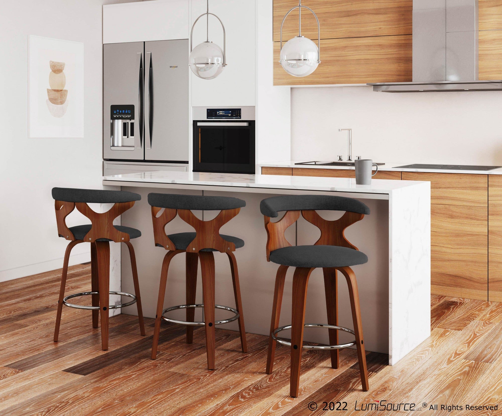 Gardenia 26" Fixed-Height Counter Stool - Set of 2 - Walnut Wood, Charcoal Fabric, Chrome