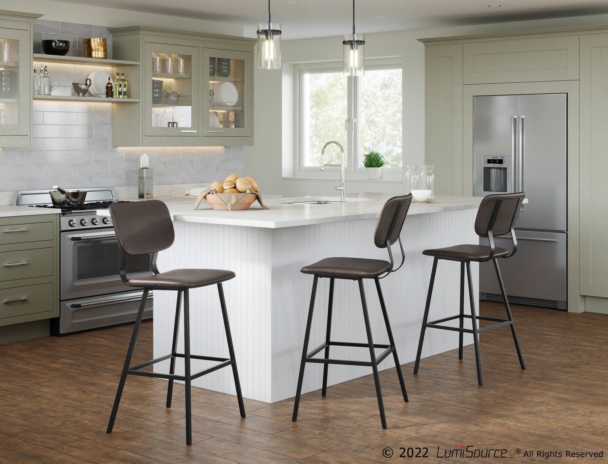 Foundry 30" Fixed-Height Barstool - Set of 2 - Black Metal, Grey PU, Grey Zig Zag Stitching