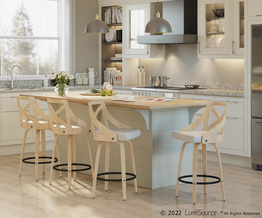 Charlotte 26" Fixed-Height Counter Stool - Set of 2 - Whitewashed Wood, Black Metal, Cream Fabric
