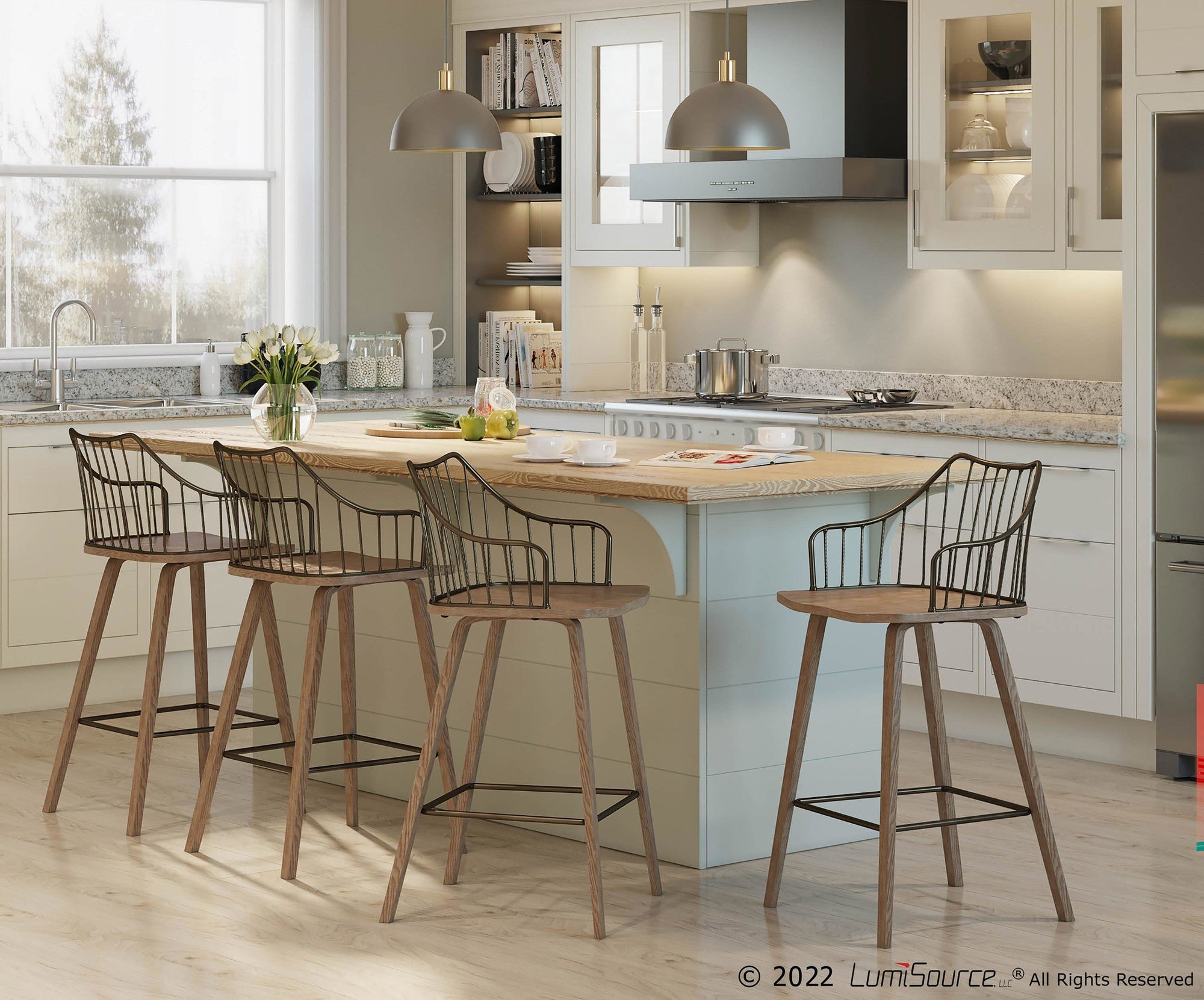Winston 26" Fixed-Height Counter Stool - Whitewashed Wood, Antique Copper Metal