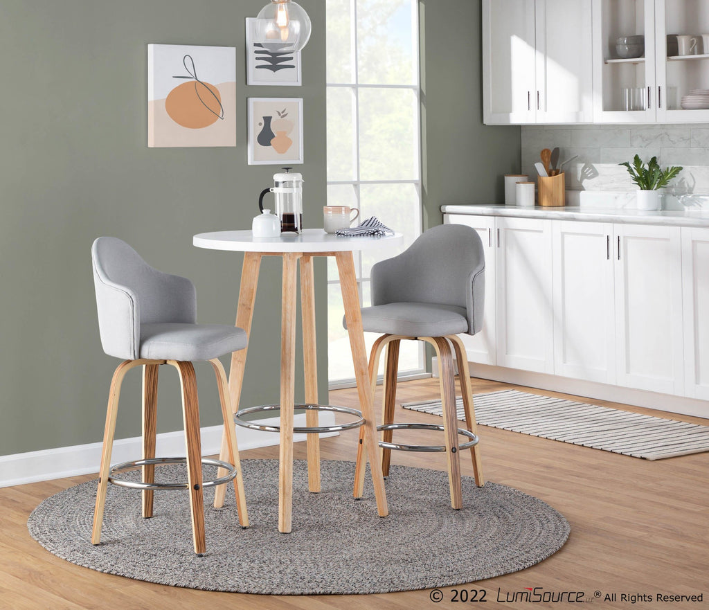 Ahoy 26" Fixed-Height Counter Stool - Set of 2 - Zebra Wood, Chrome, Light Grey Fabric