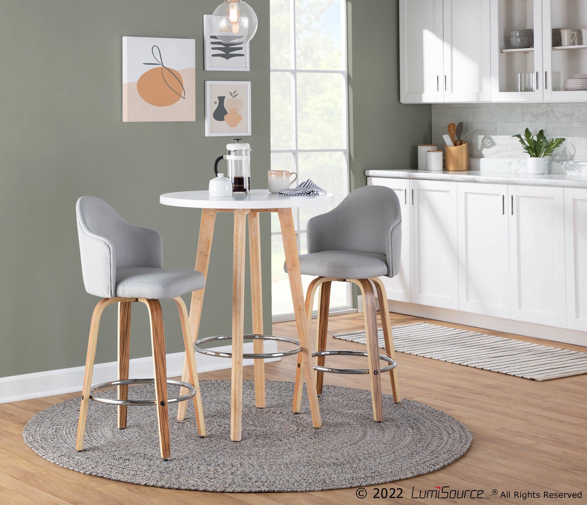 Ahoy 26" Fixed-Height Counter Stool - Set of 2 - Zebra Wood, Chrome, Light Grey Fabric