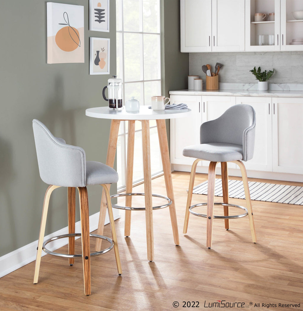 Ahoy 26" Fixed-Height Counter Stool - Set of 2 - Zebra Wood, Chrome, Light Grey Fabric