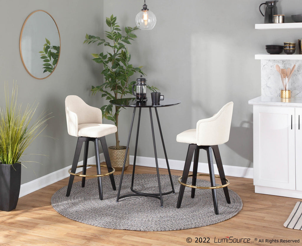 Ahoy 26" Fixed-Height Counter Stool - Set of 2 - Black Wood, Gold Metal, Cream Fabric