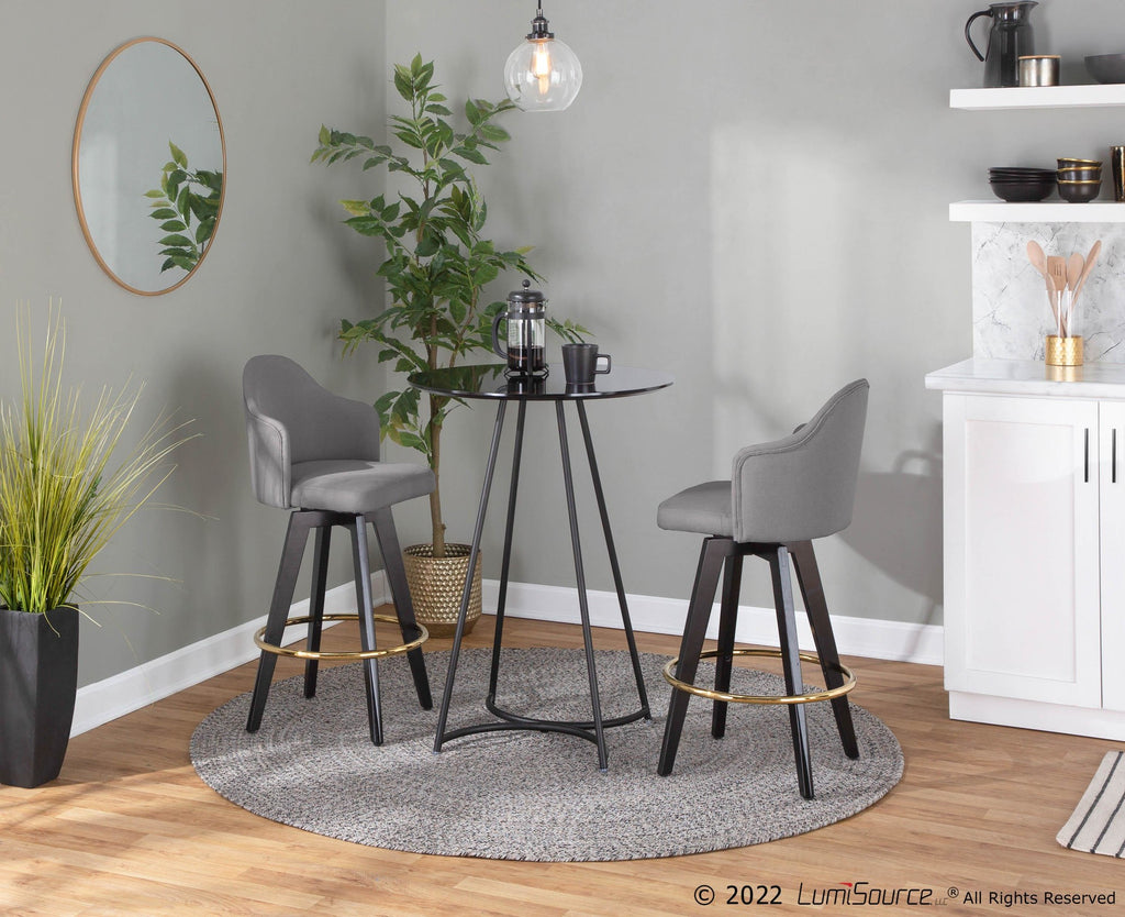 Ahoy 26" Fixed-Height Counter Stool - Set of 2 - Black Wood, Gold Metal, Grey Fabric