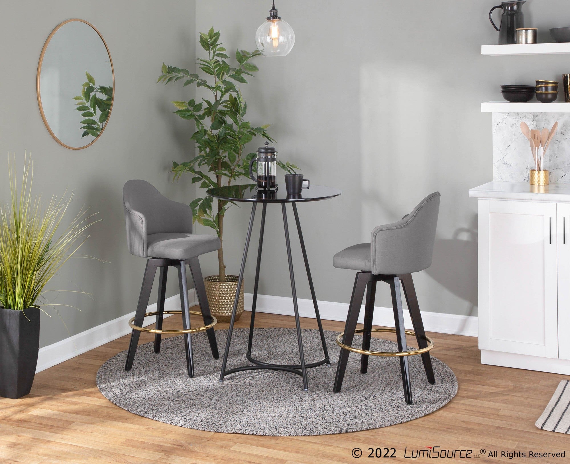Ahoy 26" Fixed-Height Counter Stool - Set of 2 - Black Wood, Gold Metal, Grey Fabric