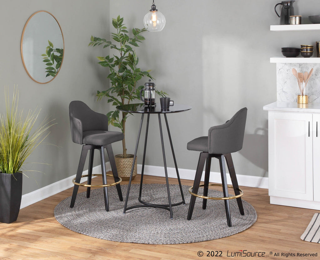 Ahoy 26" Fixed-Height Counter Stool - Set of 2 - Black Wood, Gold Metal, Charcoal Fabric