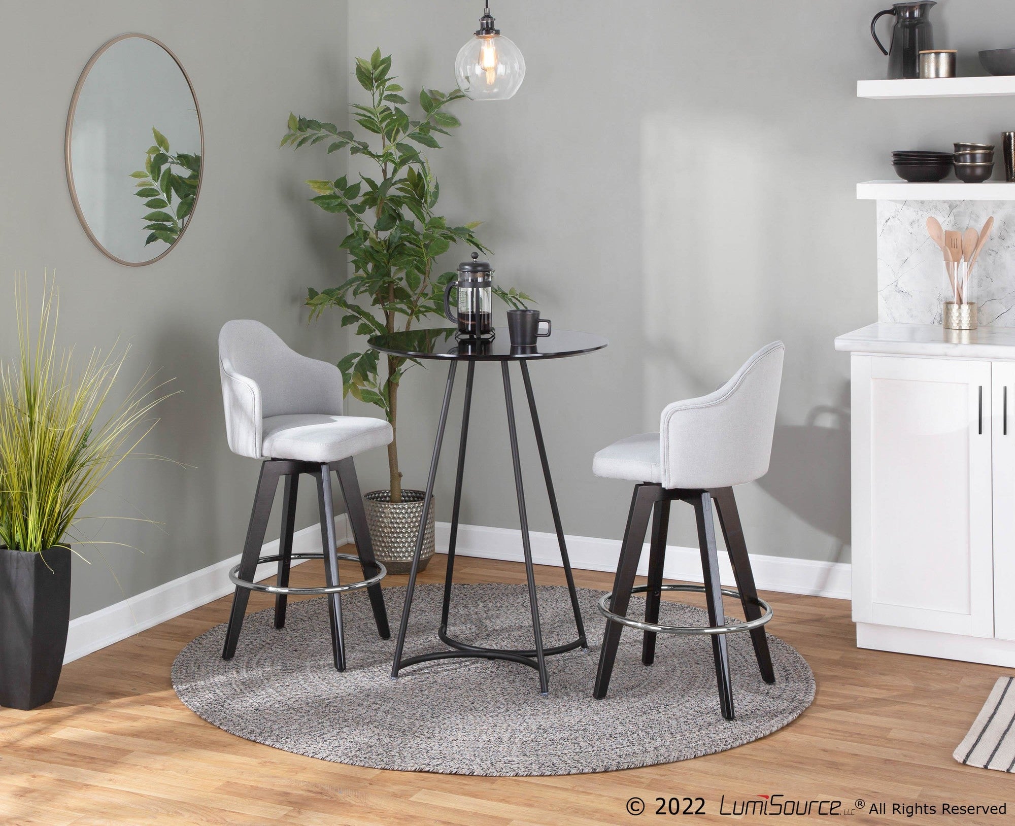 Ahoy 26" Fixed-Height Counter Stool - Set of 2 - Black Wood, Chrome, Light Grey Fabric