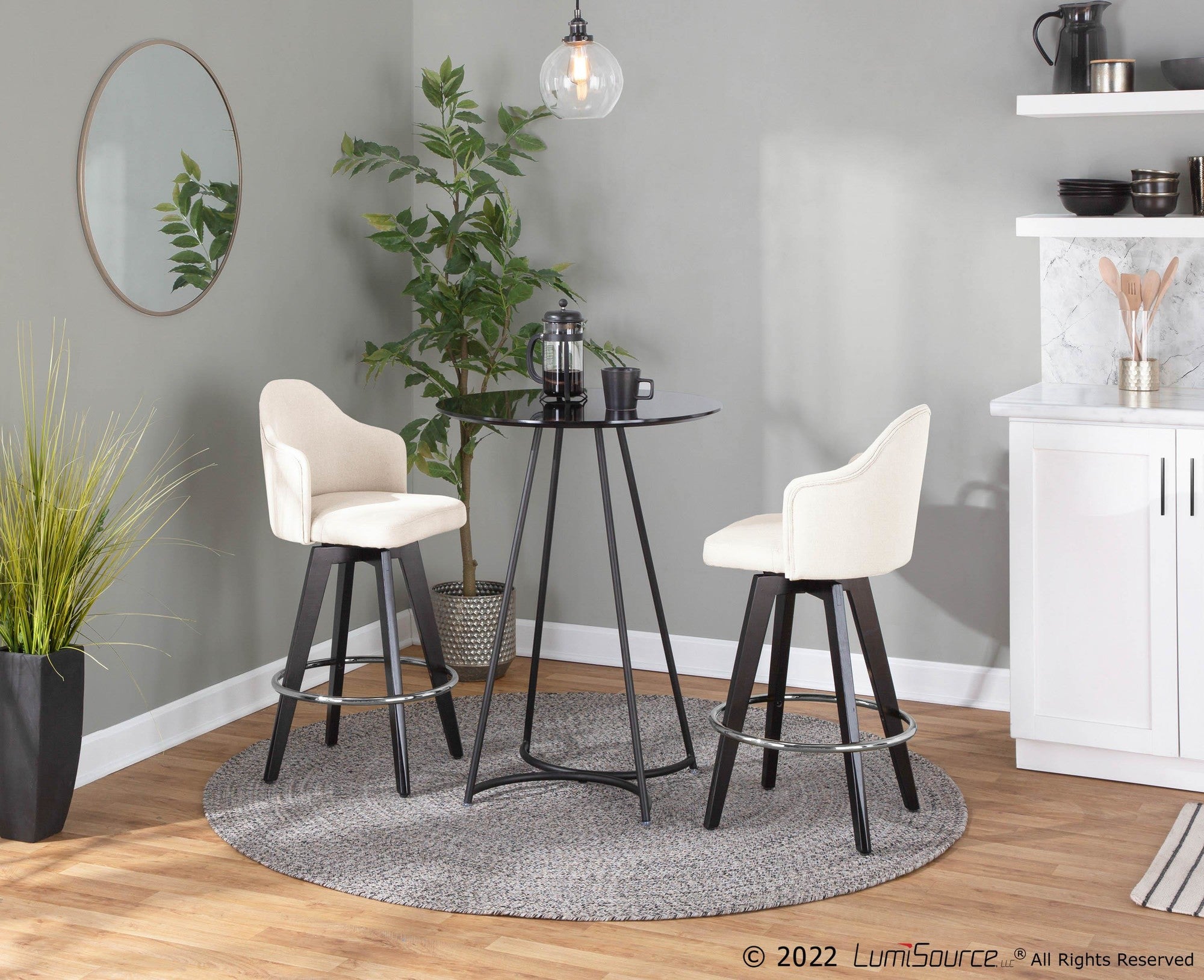 Ahoy 26" Fixed-Height Counter Stool - Set of 2 - Black Wood, Chrome, Cream Fabric