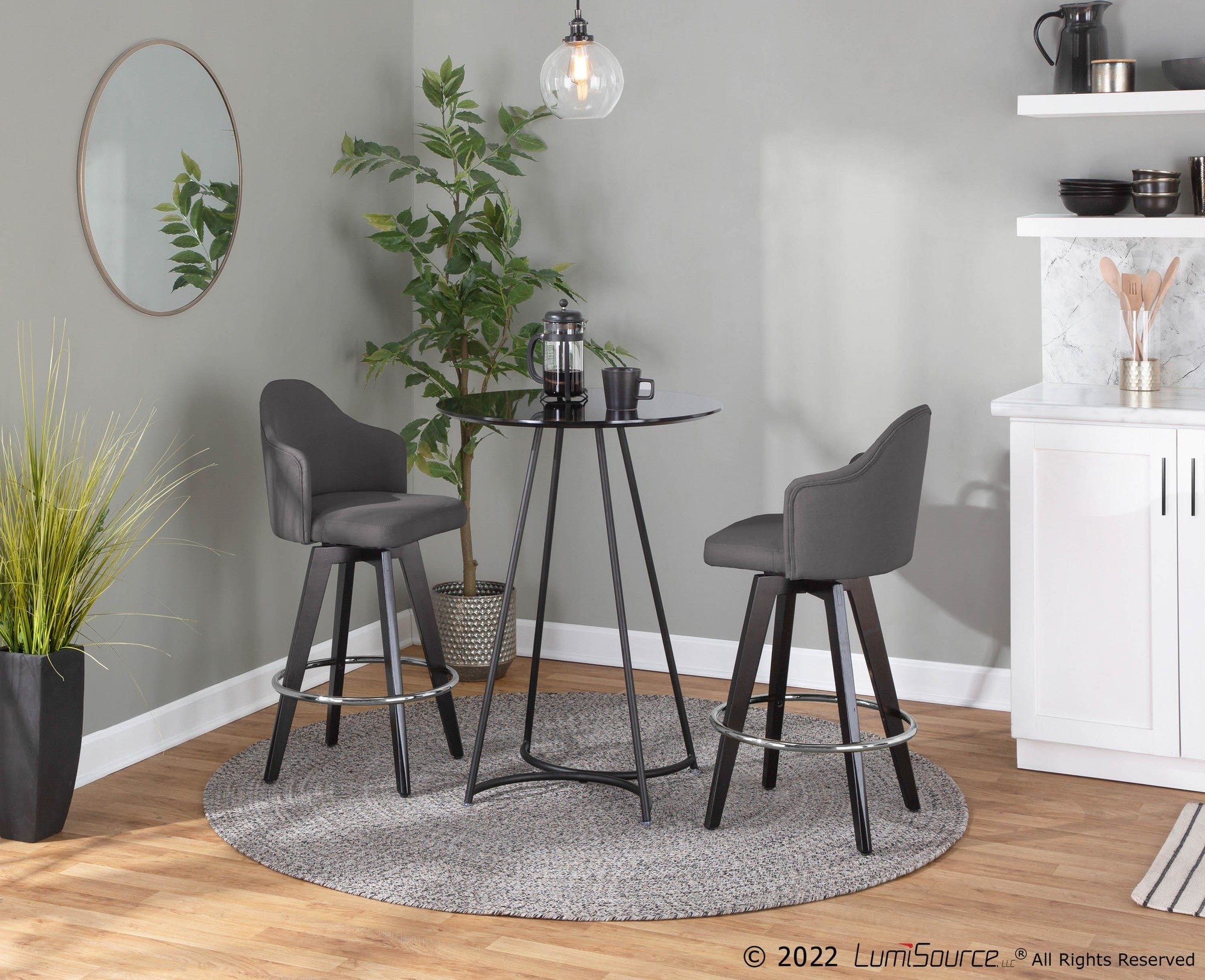 Ahoy 26" Fixed-Height Counter Stool - Set of 2 - Black Wood, Chrome, Charcoal Fabric