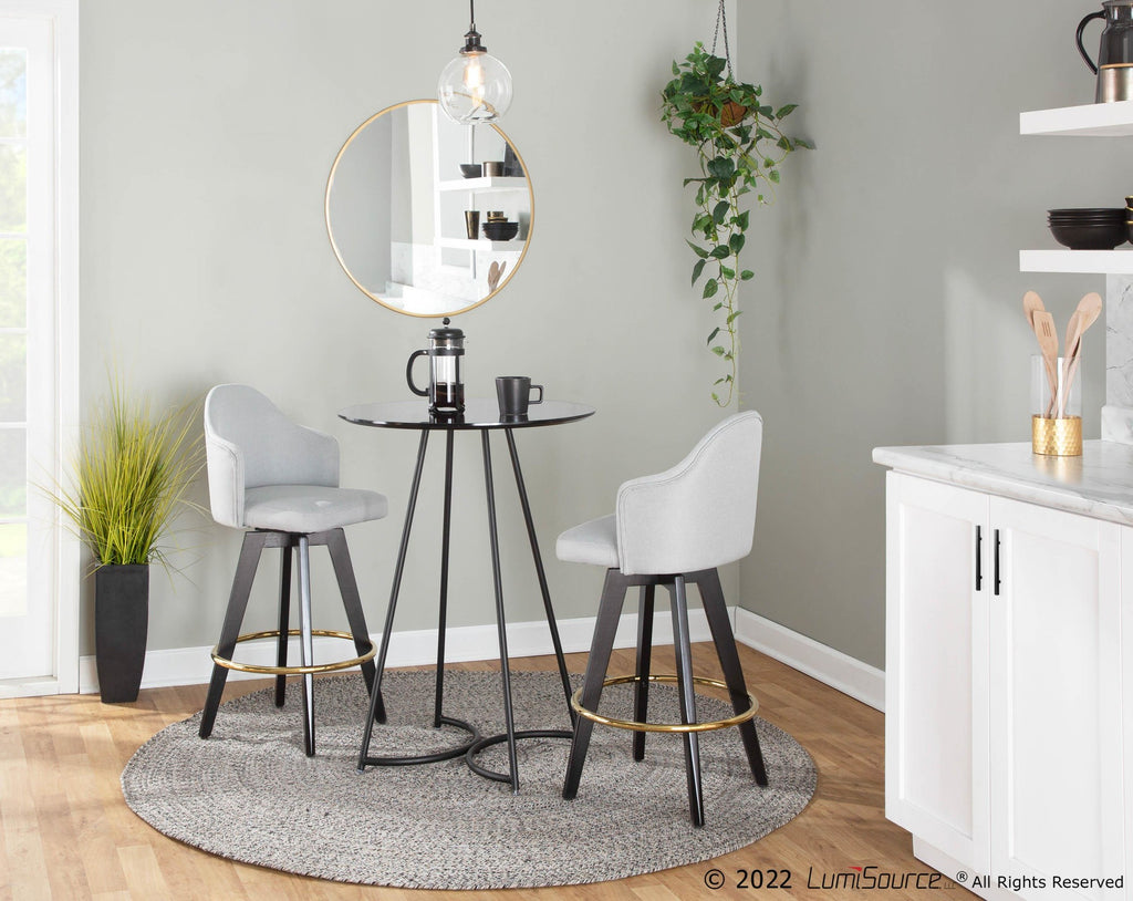 Ahoy 26" Fixed-Height Counter Stool - Set of 2 - Black Wood, Gold Metal, Light Grey Fabric