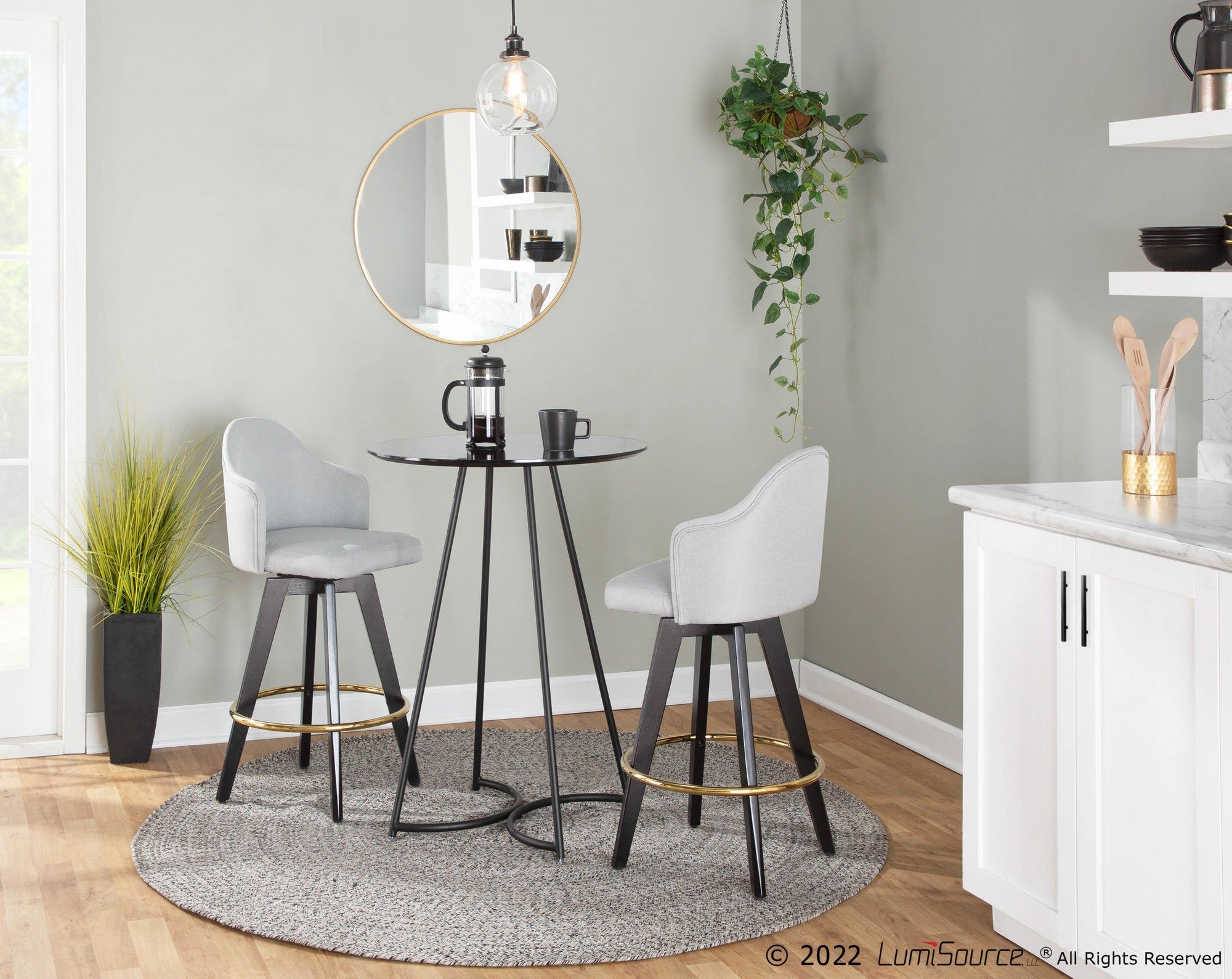 Ahoy 26" Fixed-Height Counter Stool - Set of 2 - Black Wood, Gold Metal, Light Grey Fabric