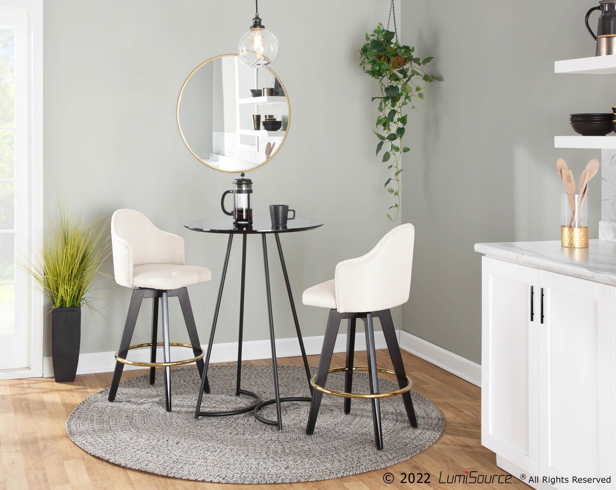 Ahoy 26" Fixed-Height Counter Stool - Set of 2 - Black Wood, Gold Metal, Cream Fabric