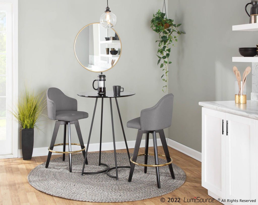 Ahoy 26" Fixed-Height Counter Stool - Set of 2 - Black Wood, Gold Metal, Grey Fabric