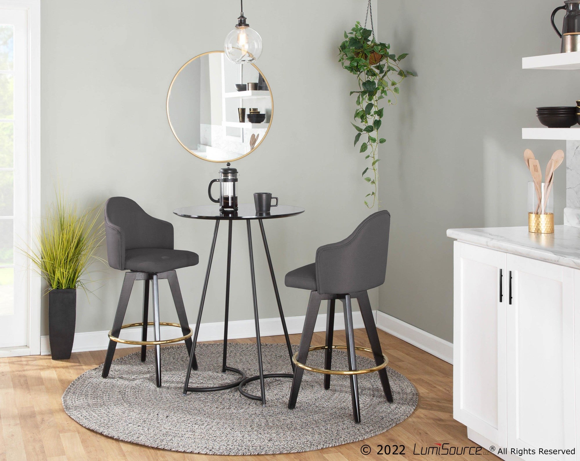 Ahoy 26" Fixed-Height Counter Stool - Set of 2 - Black Wood, Gold Metal, Charcoal Fabric