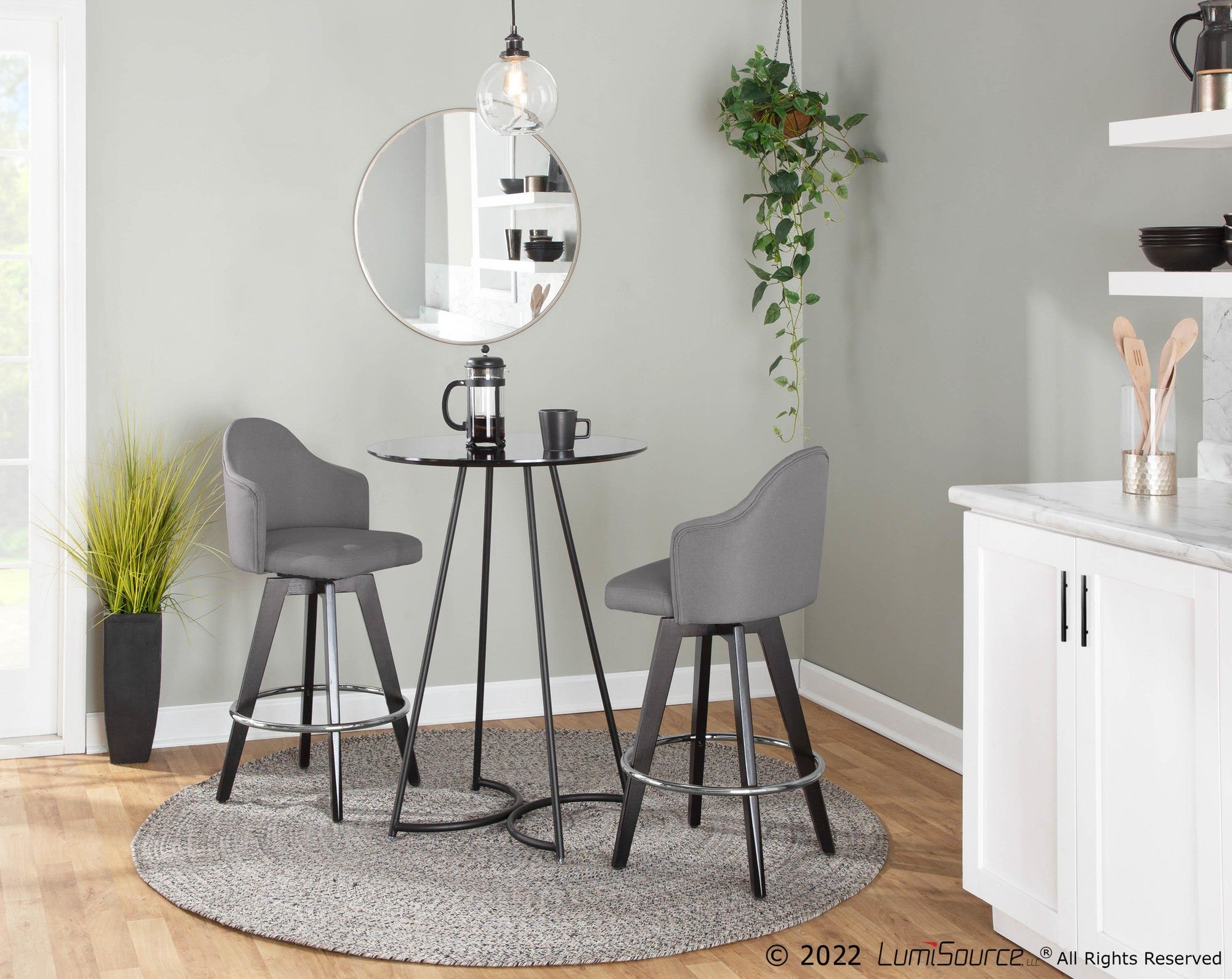 Ahoy 26" Fixed-Height Counter Stool - Set of 2 - Black Wood, Chrome, Grey Fabric