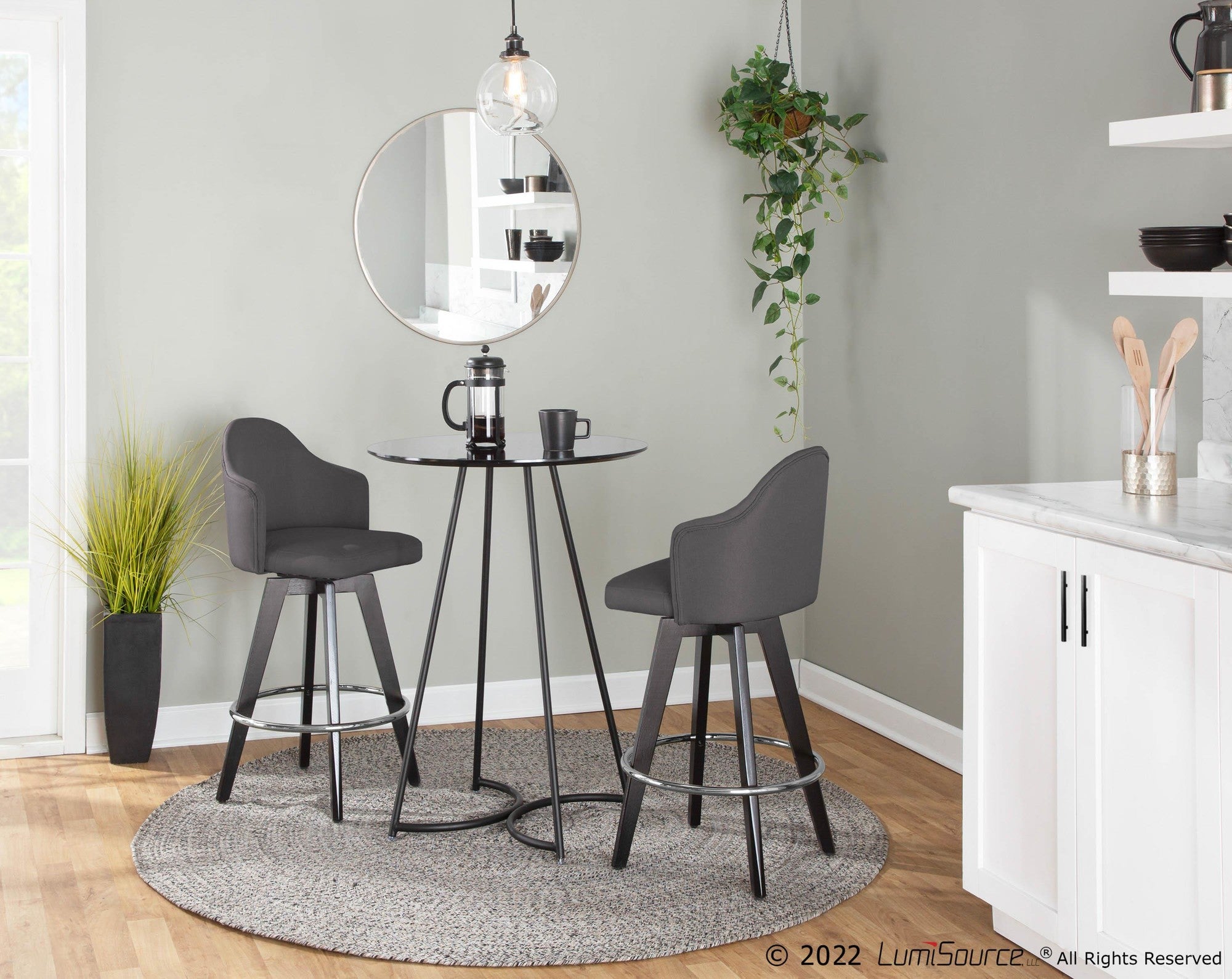 Ahoy 26" Fixed-Height Counter Stool - Set of 2 - Black Wood, Chrome, Charcoal Fabric