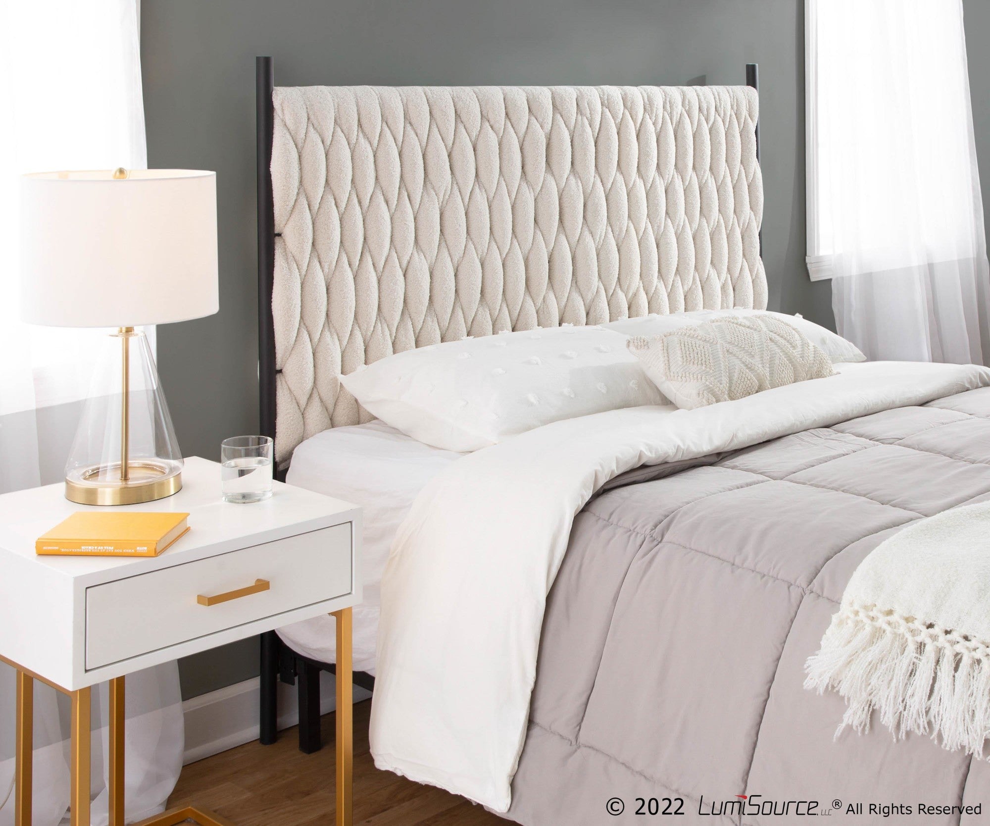 Braided Matisse Headboard - Black Metal, Cream Sherpa Fabric