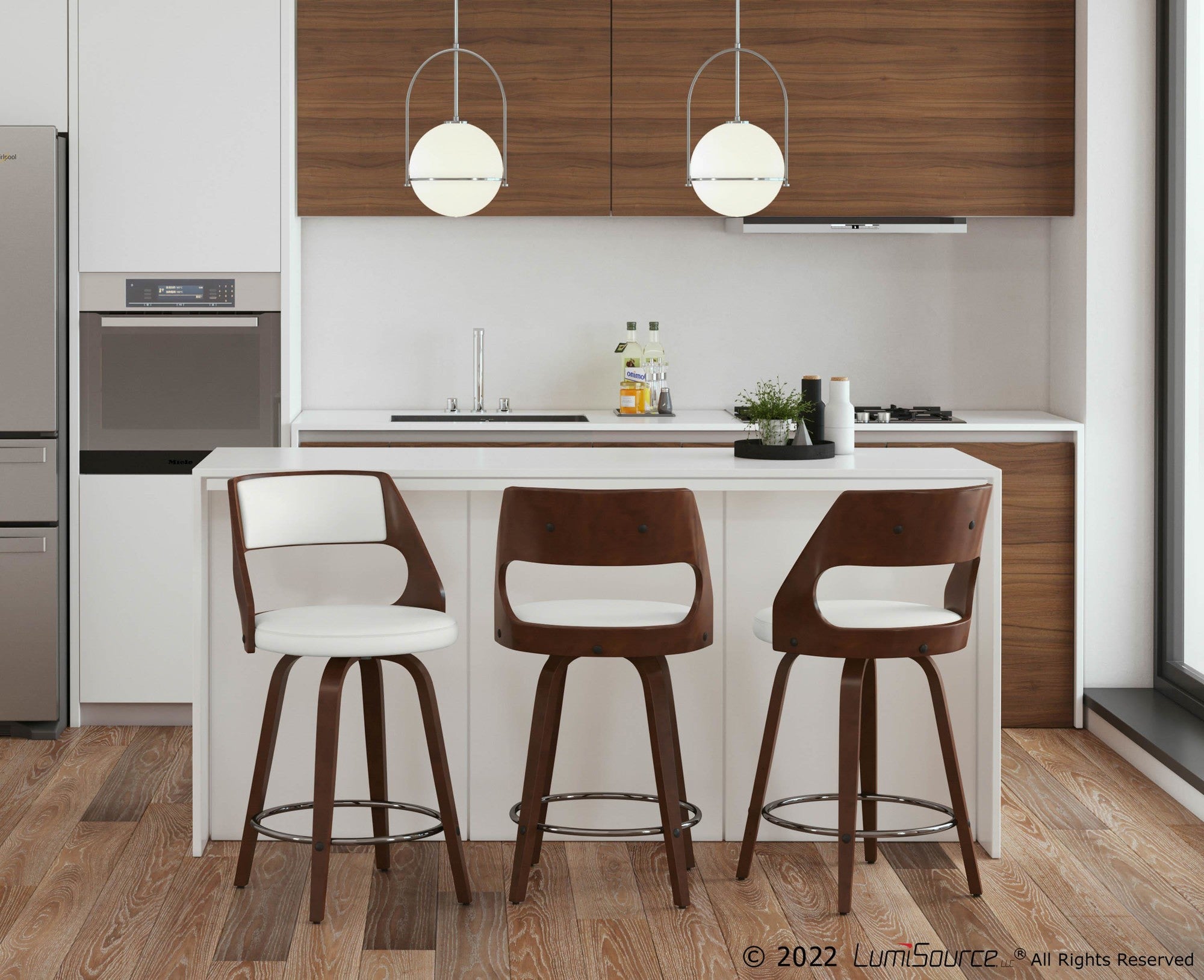 Cecina 24'' Fixed-Height Counter Stool - Set of 2 - Mahogany Wood, White PU, Chrome