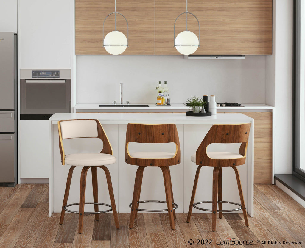 Cecina 24'' Fixed-Height Counter Stool - Set of 2 - Walnut Wood, Cream PU, Chrome