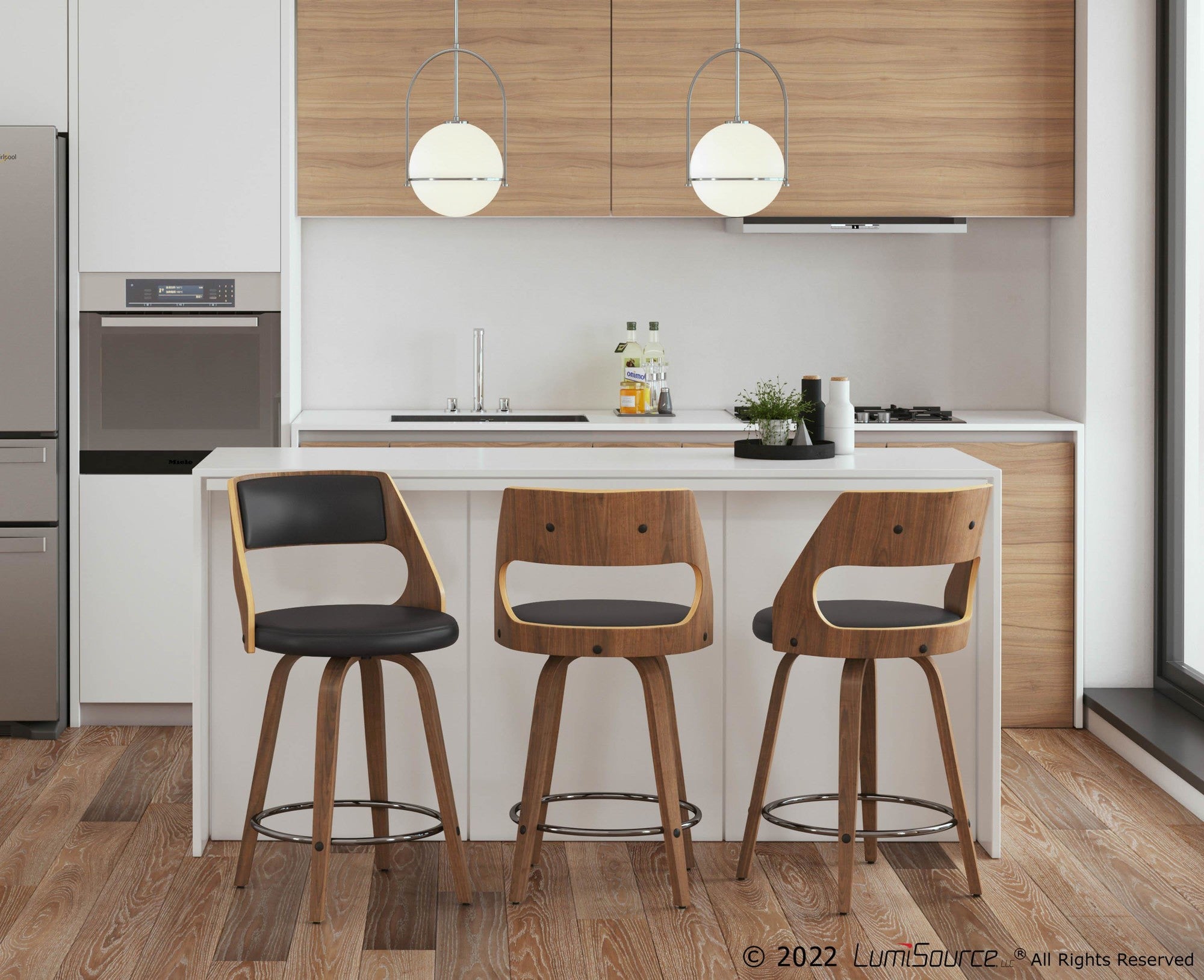 Cecina 24'' Fixed-Height Counter Stool - Set of 2 - Walnut Wood, Brown PU, Chrome