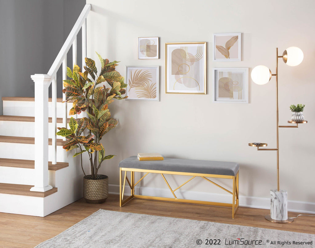 Folia Metal Bench - Gold Steel, Grey Velvet