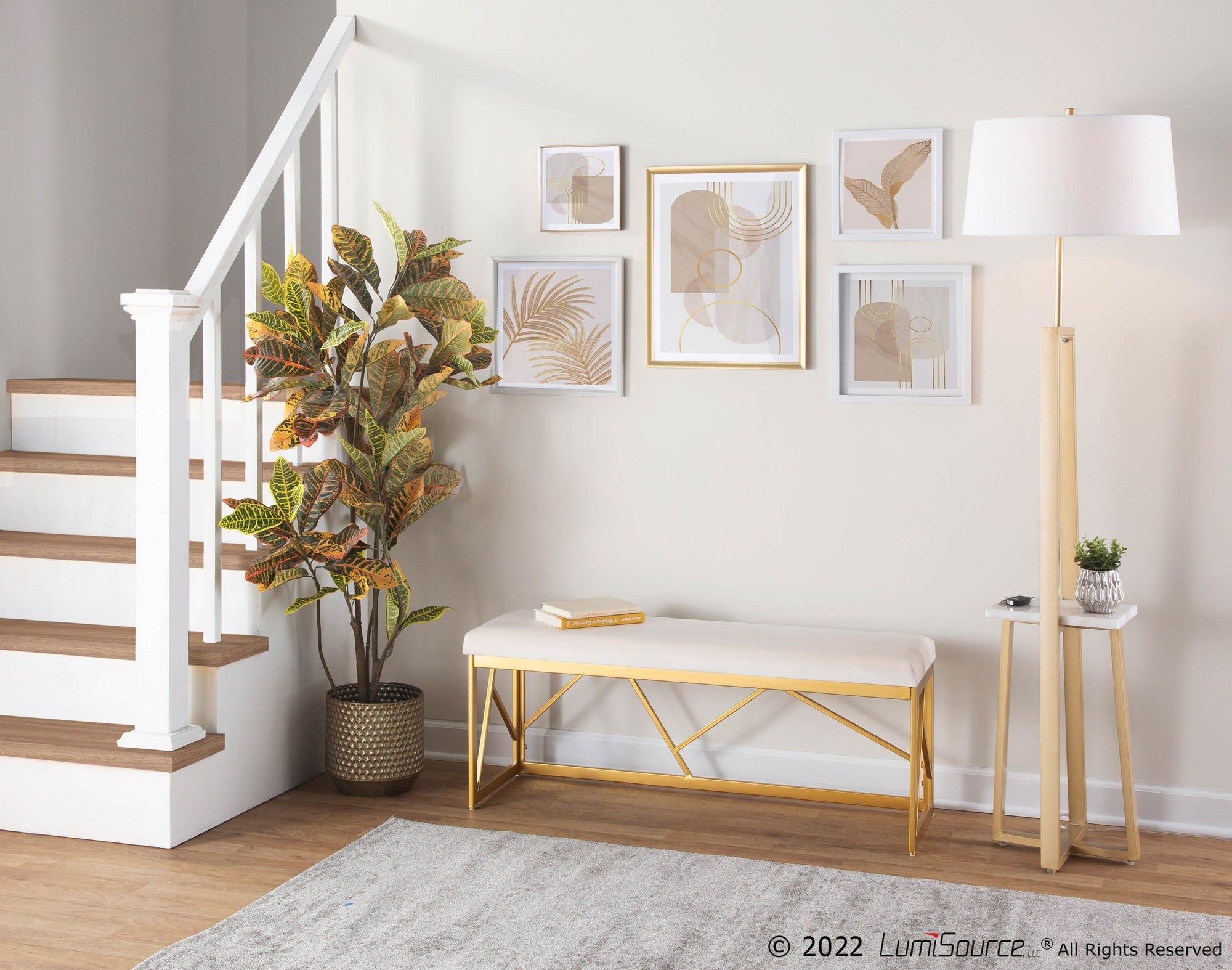 Folia Metal Bench - Gold Steel, White Velvet