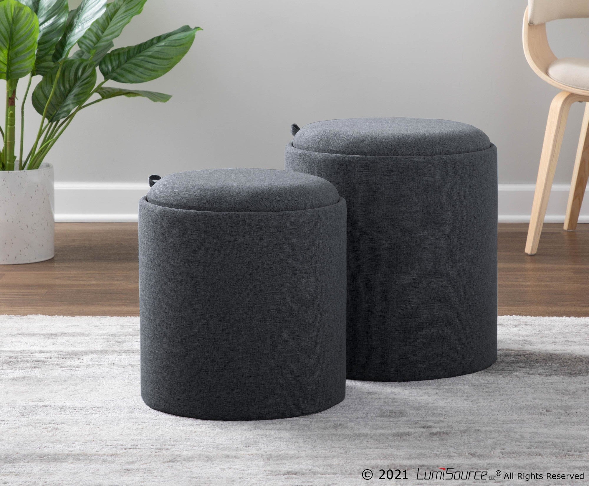 Tray Nesting Ottoman Set - Charcoal Fabric, Natural Wood