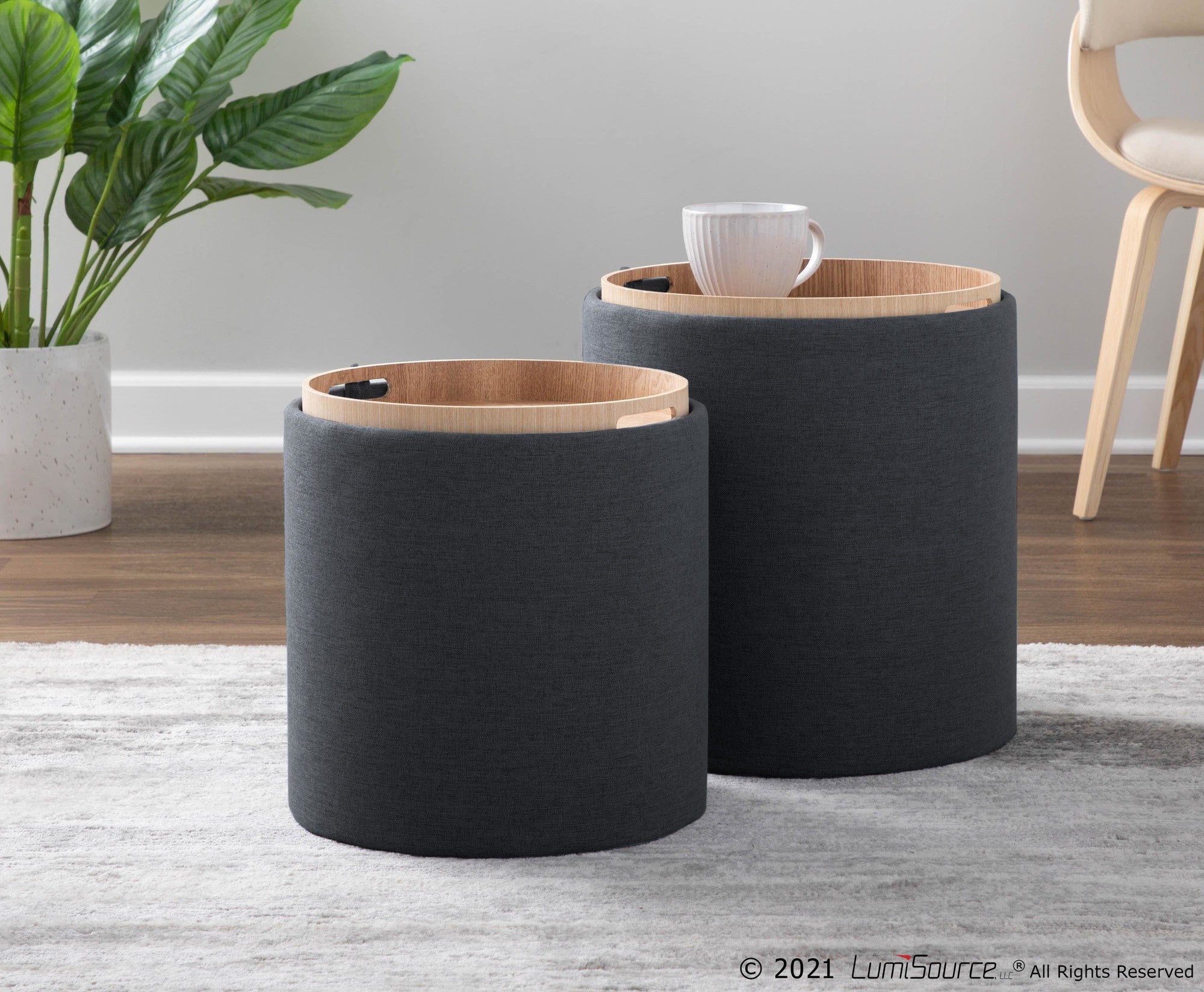 Tray Nesting Ottoman Set - Charcoal Fabric, Natural Wood