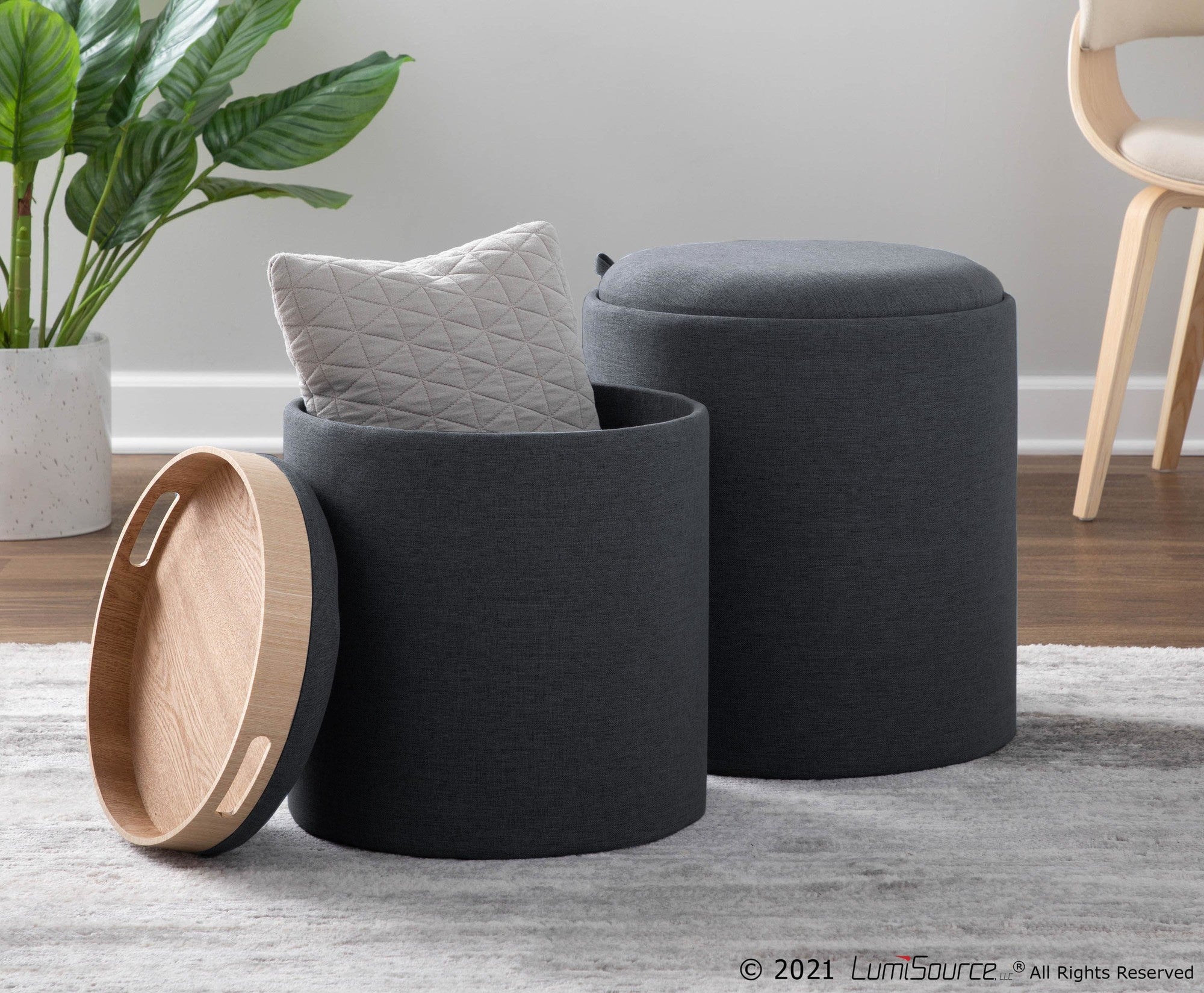 Tray Nesting Ottoman Set - Charcoal Fabric, Natural Wood