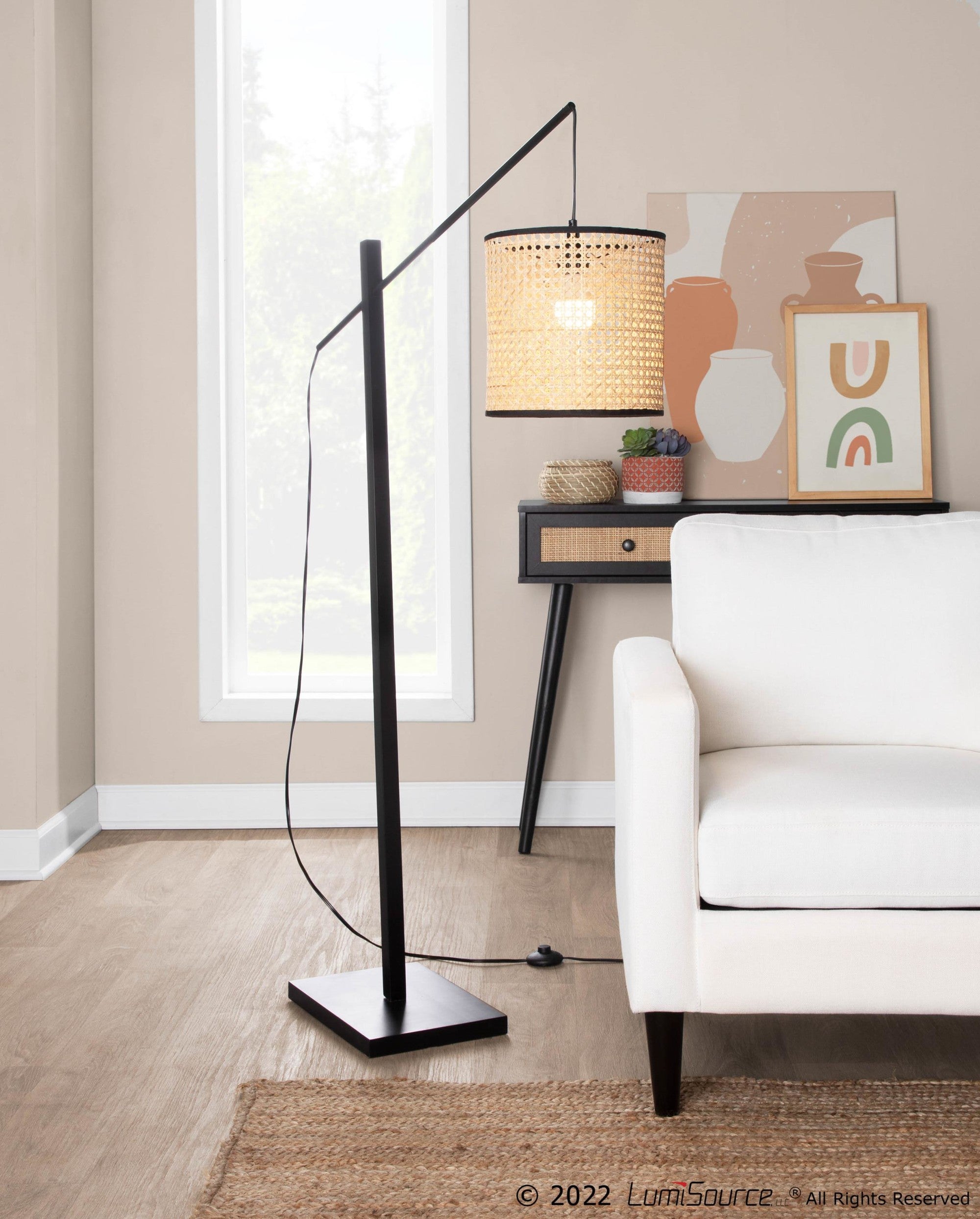 Arturo Floor Lamp - Black Wood, Black Steel, Rattan