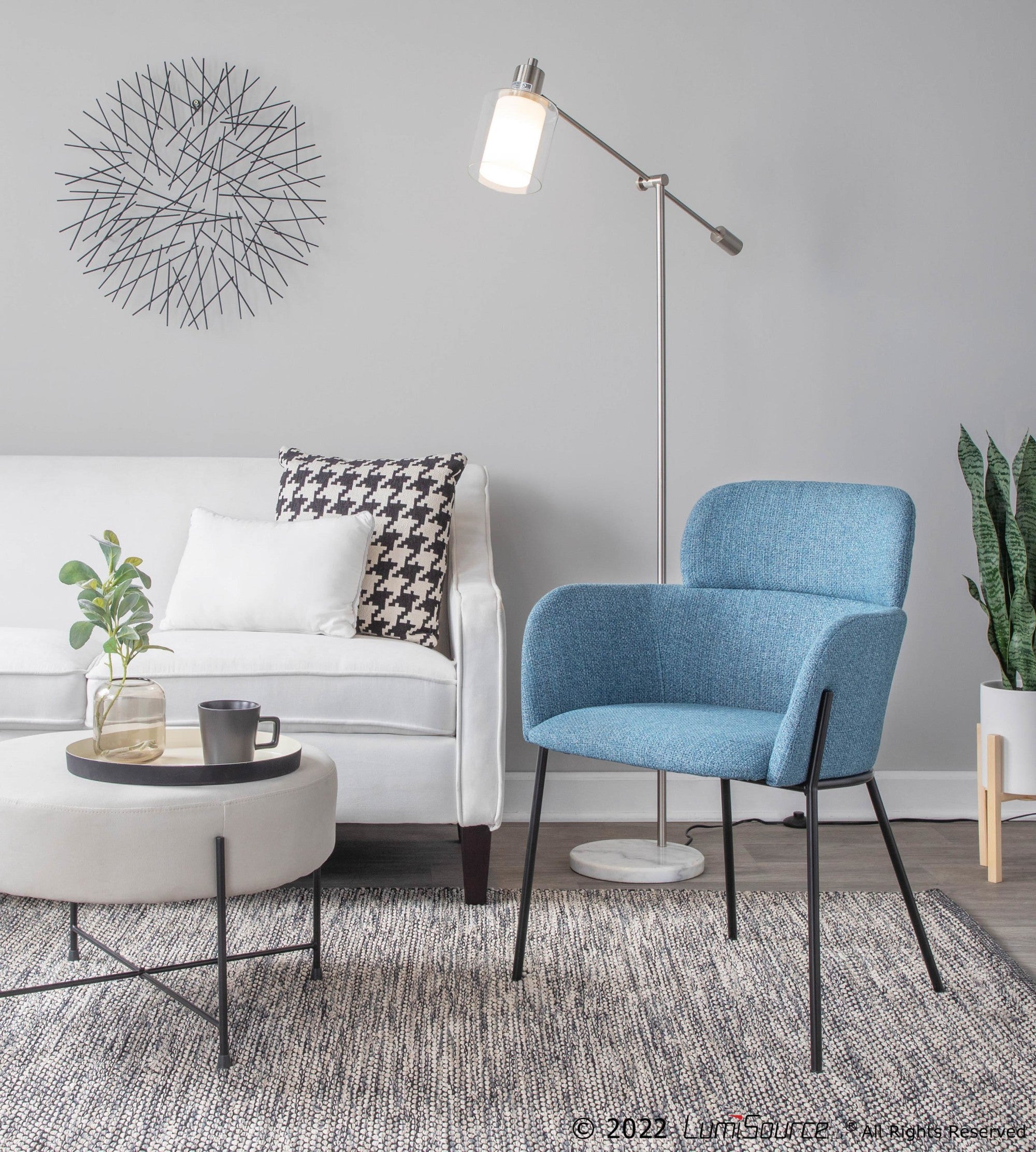 Marcel Floor Lamp - White Marble, Nickel Metal, Frosted Glass, Clear Glass