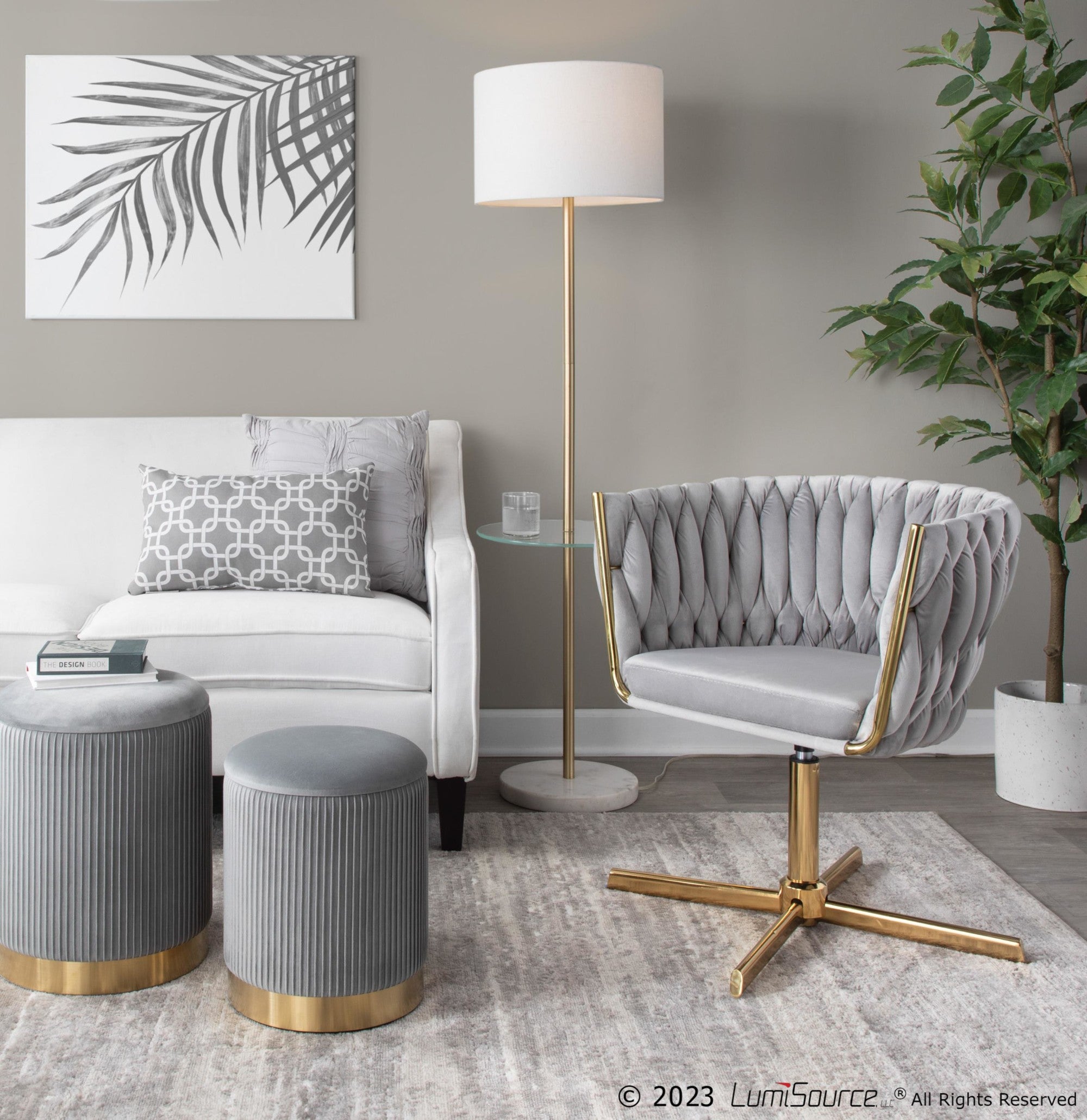 Marla Nesting Pleated Ottoman Set - Gold Metal, Grey Velvet