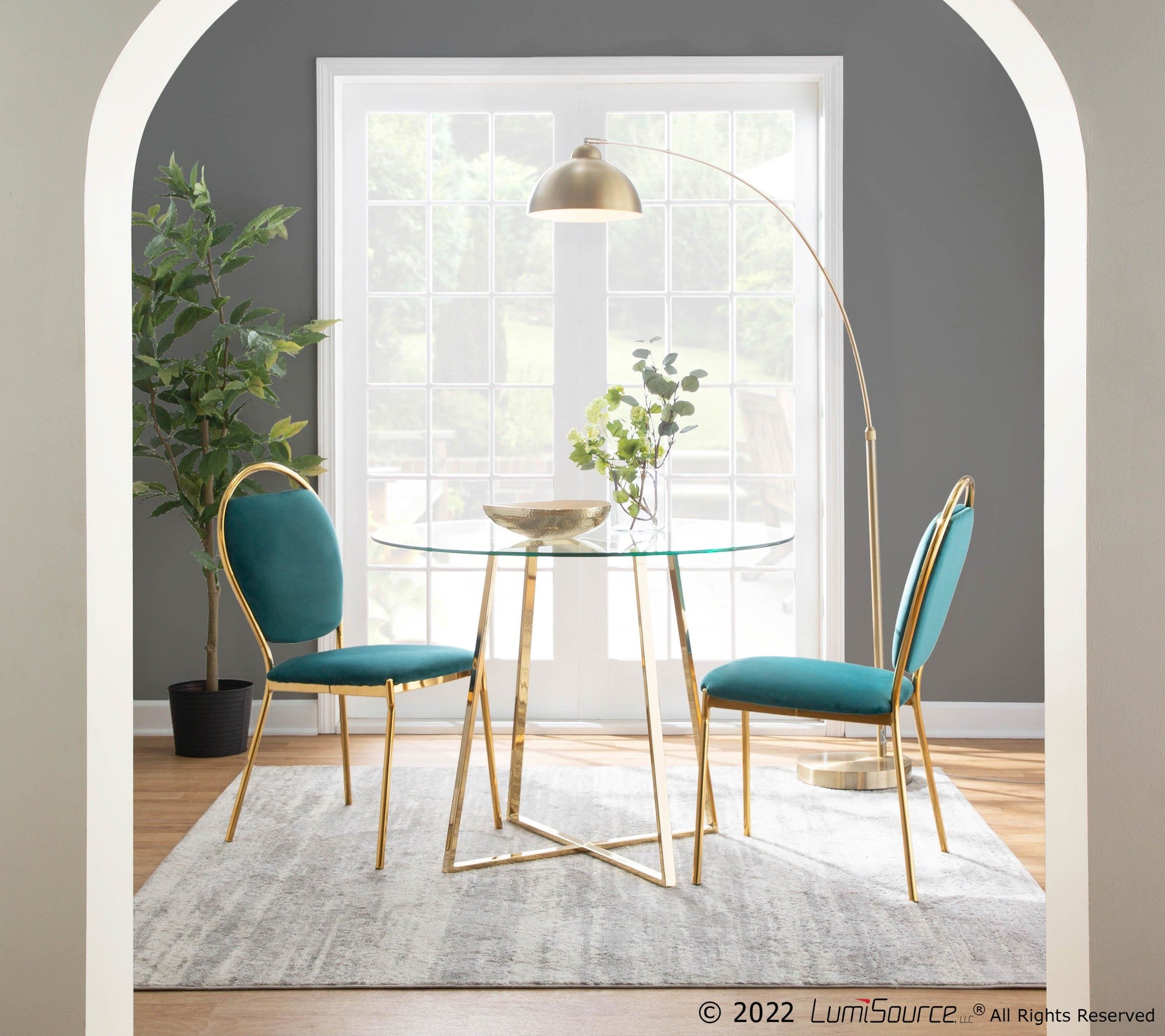 Keyhole Dining Chair - Set of 2 - Gold Metal, Green Velvet