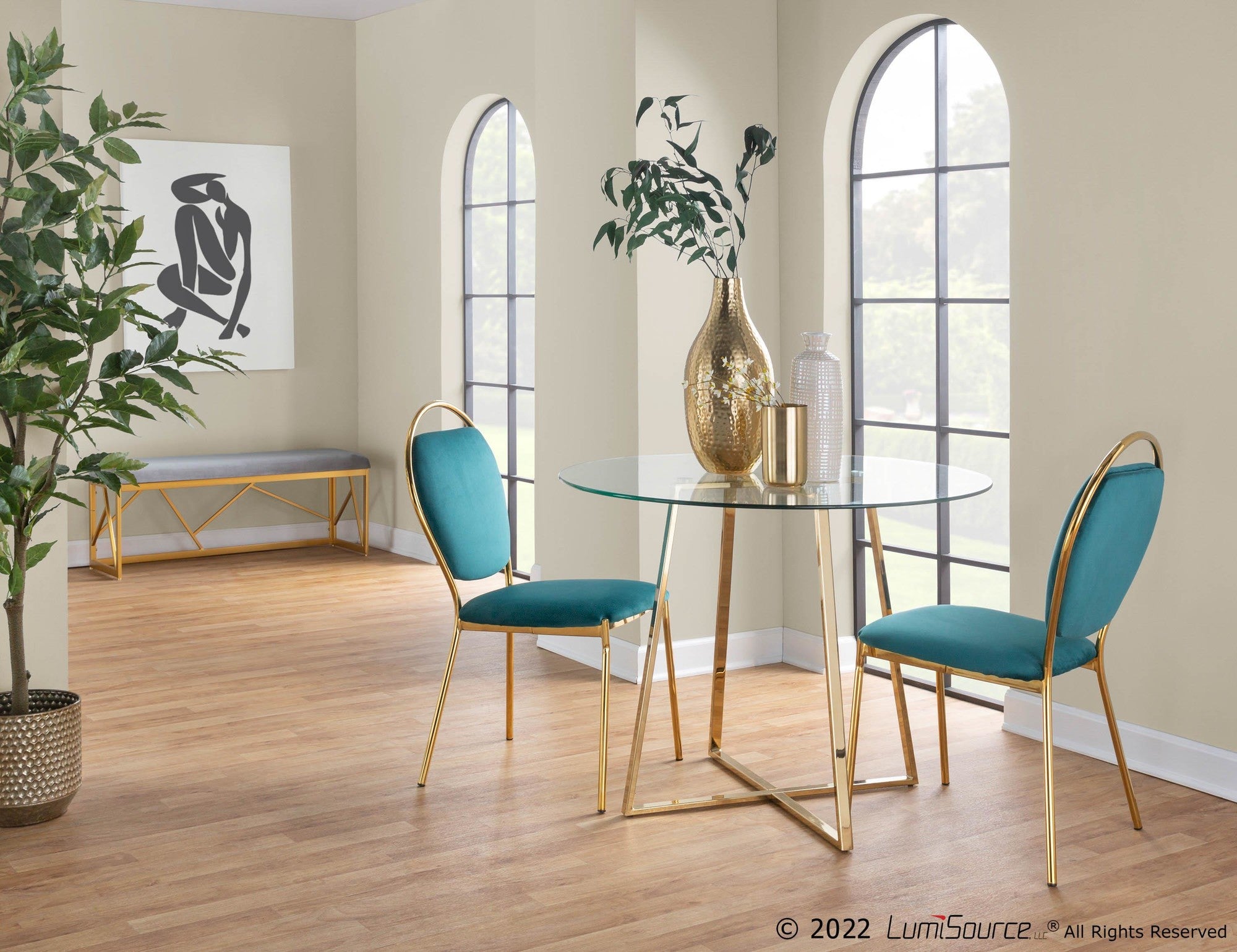Keyhole Dining Chair - Set of 2 - Gold Metal, Green Velvet
