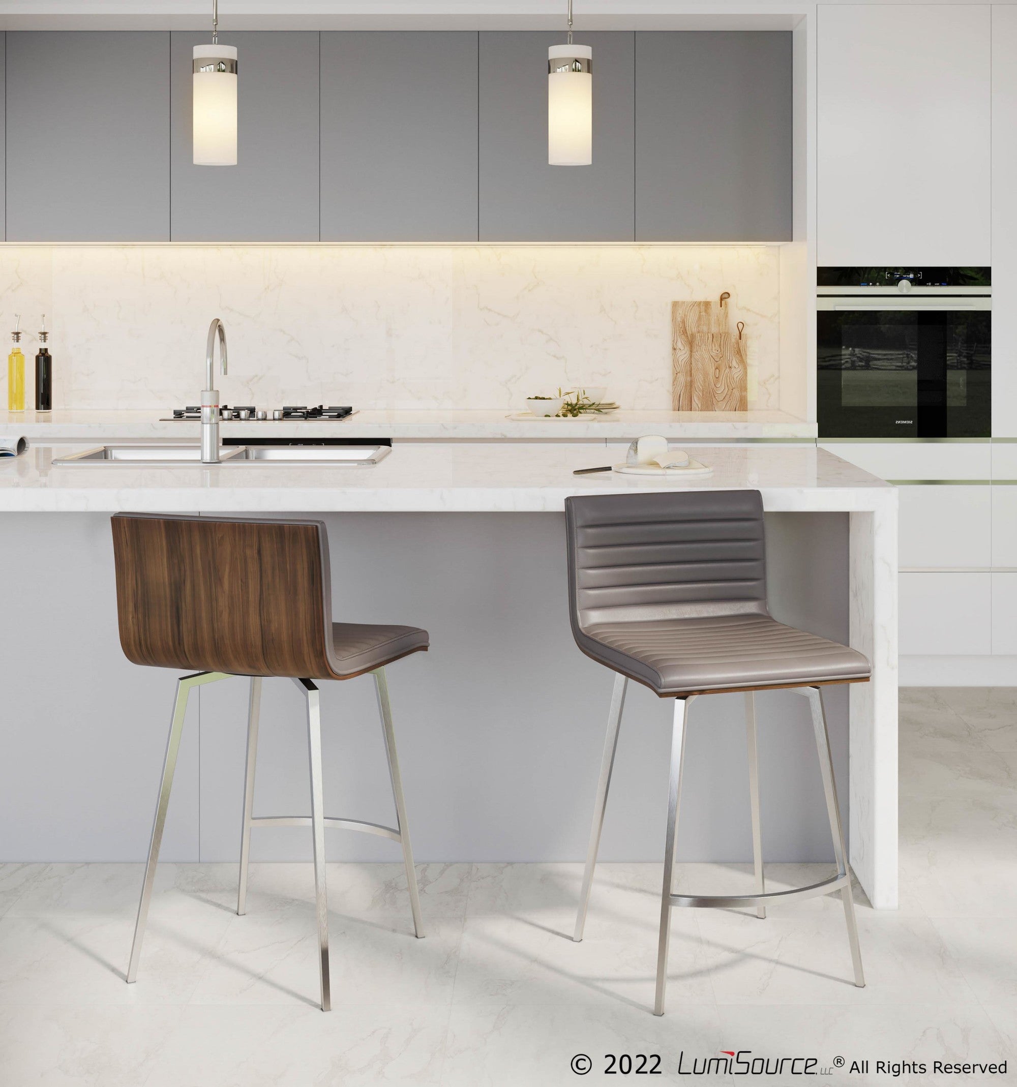Mason 26" Fixed-Height Counter Stool - Set of 2 - Stainless Steel, Walnut Wood, Grey PU