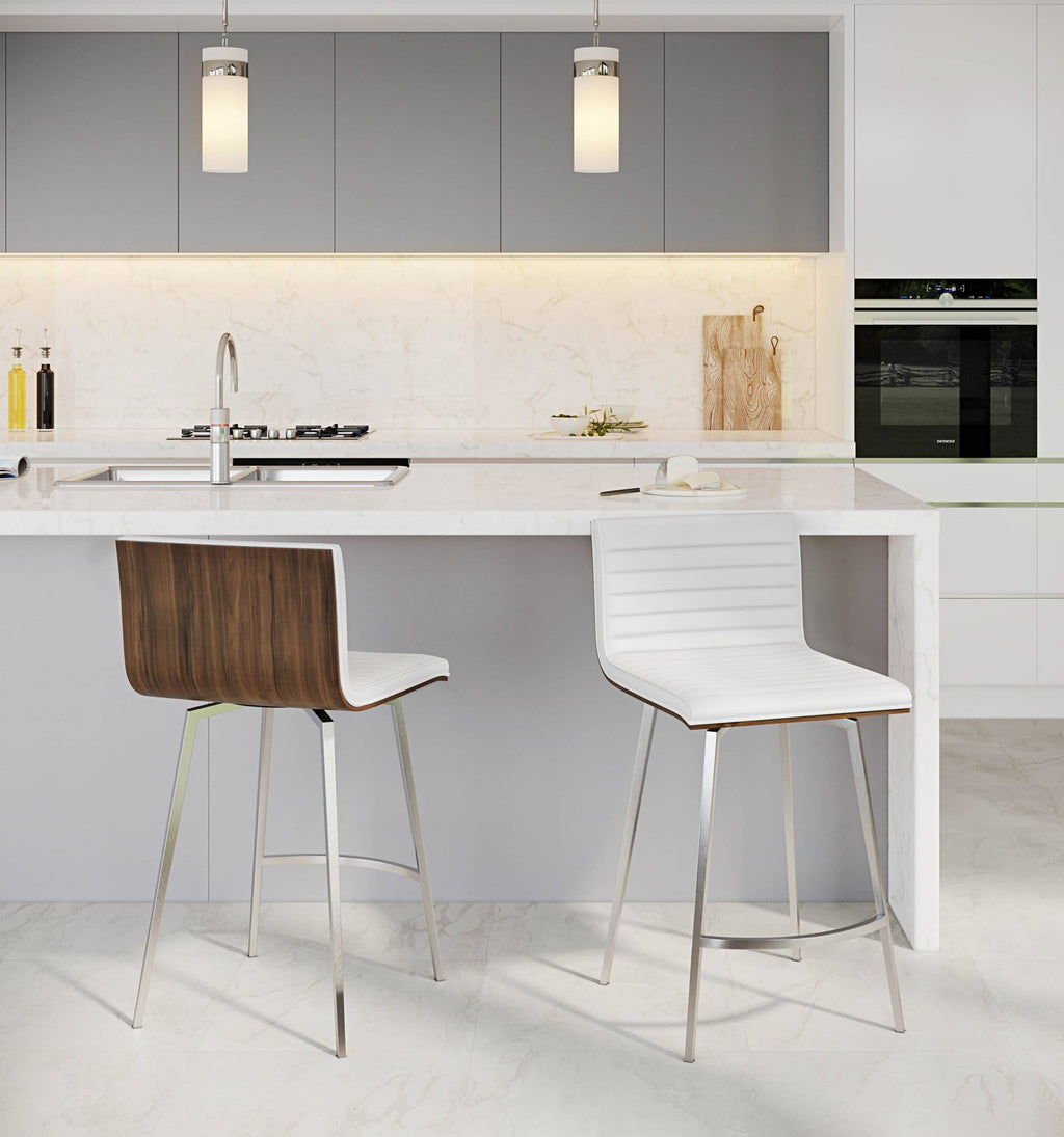 Mason 26" Fixed-Height Counter Stool - Set of 2 - Stainless Steel, Walnut Wood, White PU