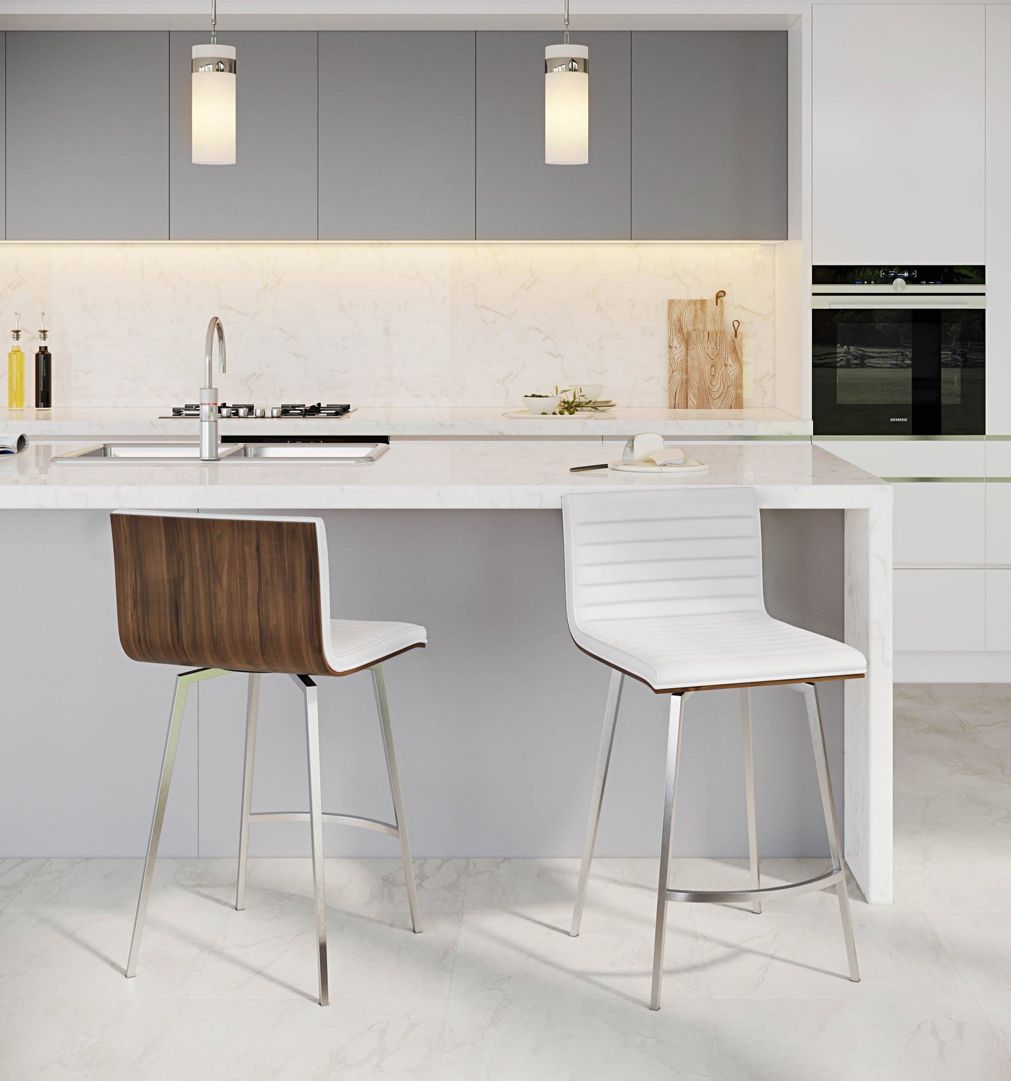 Mason 26" Fixed-Height Counter Stool - Set of 2 - Stainless Steel, Walnut Wood, White PU