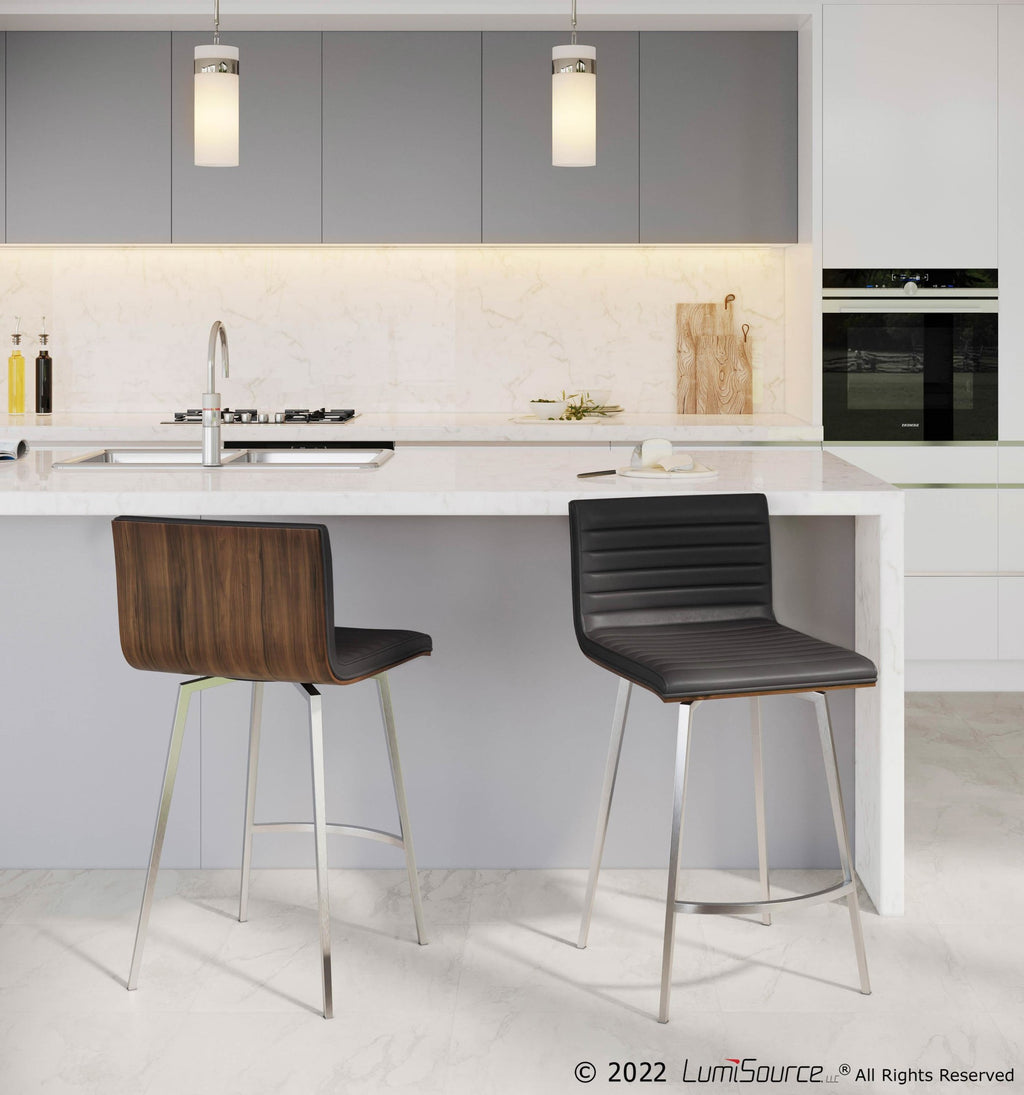 Mason 26" Fixed-Height Counter Stool - Set of 2 - Stainless Steel, Walnut Wood, Black PU
