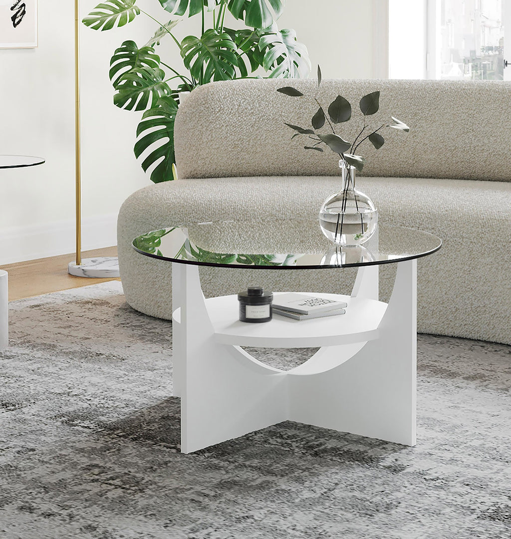 U-Shaped Coffee Table - White Wood, Clear Glass