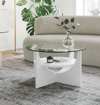 U-Shaped Coffee Table - White Wood, Clear Glass